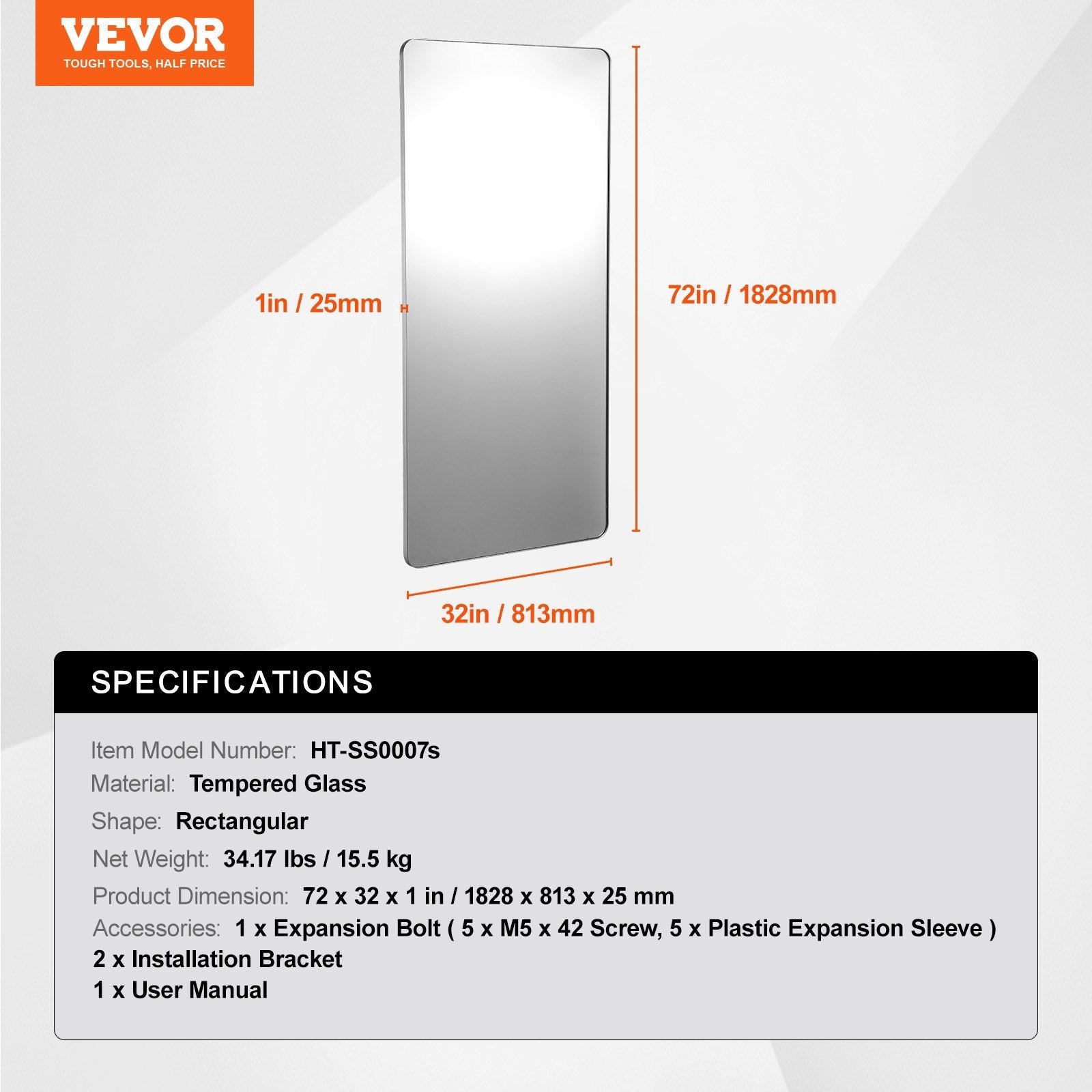 VEVOR Square Wall Mounted Mirror 32" x 72" Mirror with Aluminium Alloy Frame 