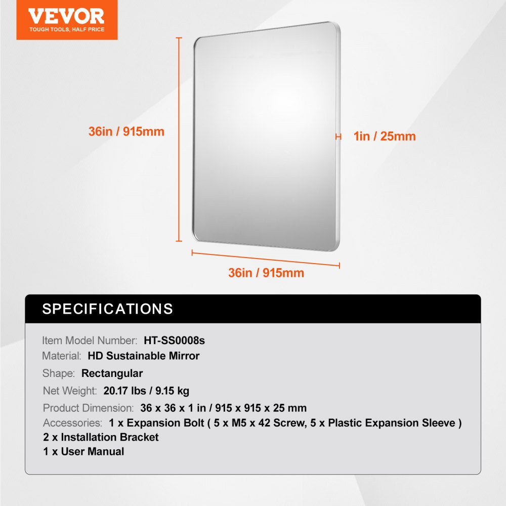 VEVOR Square Wall Mounted Mirror 36" x 36" Mirror with Aluminium Alloy Frame 
