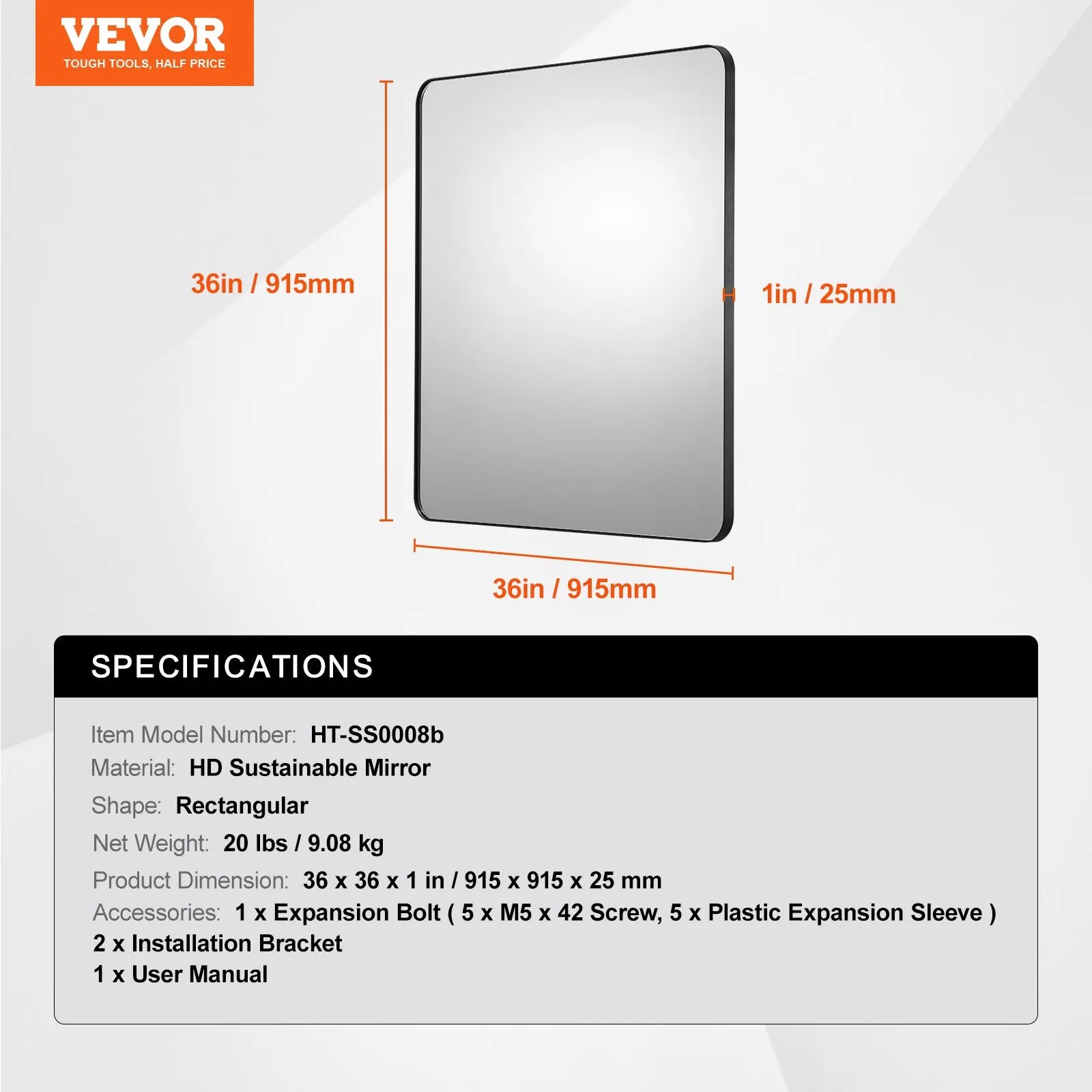 VEVOR Square Wall Mounted Mirror 22" x 30" Mirror with Aluminium Alloy Frame
