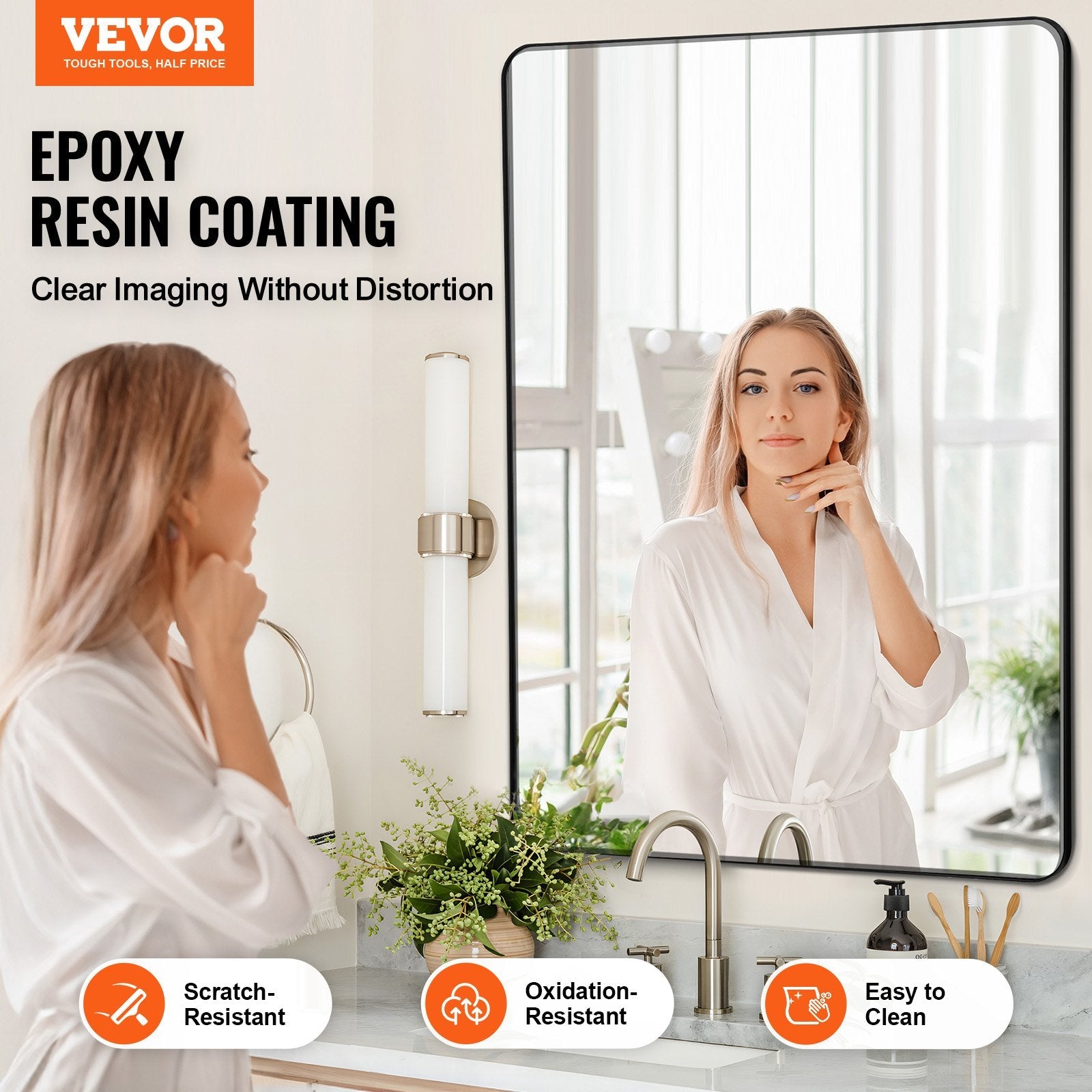 VEVOR Square Wall Mounted Mirror 36" x 48" Mirror with Aluminium Alloy Frame 