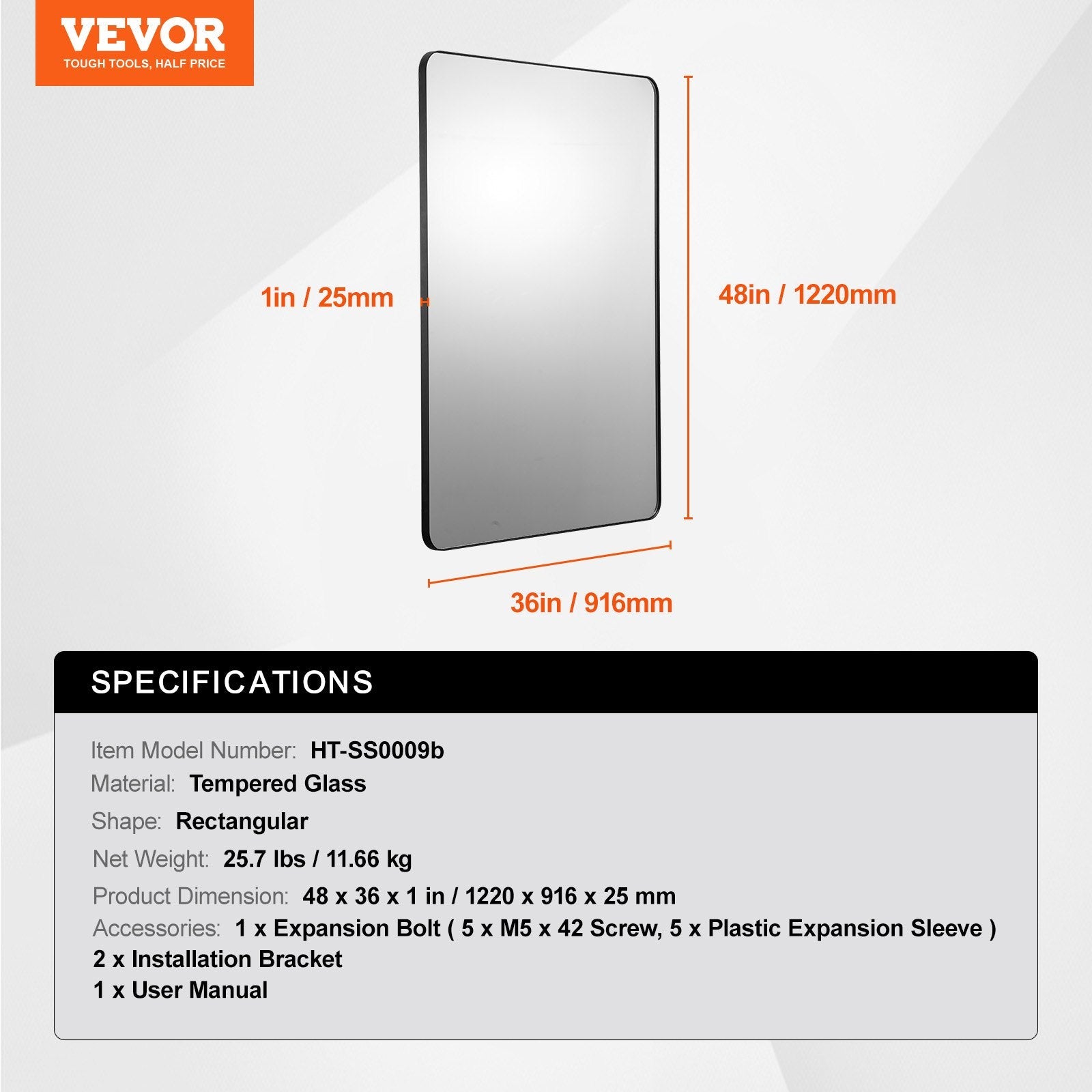 VEVOR Square Wall Mounted Mirror 36" x 48" Mirror with Aluminium Alloy Frame 