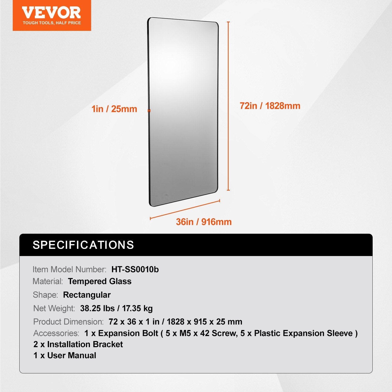 VEVOR Square Wall Mounted Mirror 36" x 72" Mirror with Aluminium Alloy Frame 