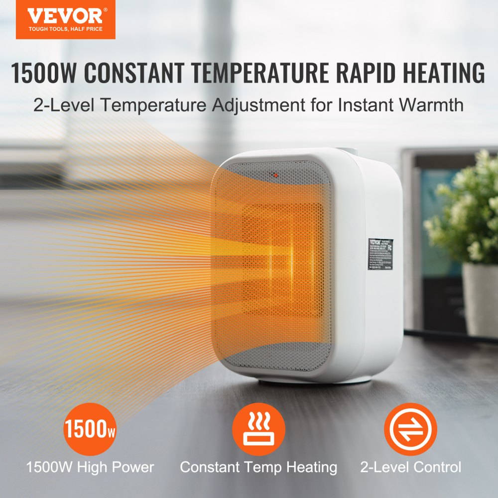 VEVOR Portable Electric Space Heater with Thermostat, 1000W/1500W 2-Level Adjustable Quiet Ceramic Heater Fan, 9 in Tip-Over Shutdown Flame-Retardant PP Small Heaters for Office Room Desk Indoor Use 