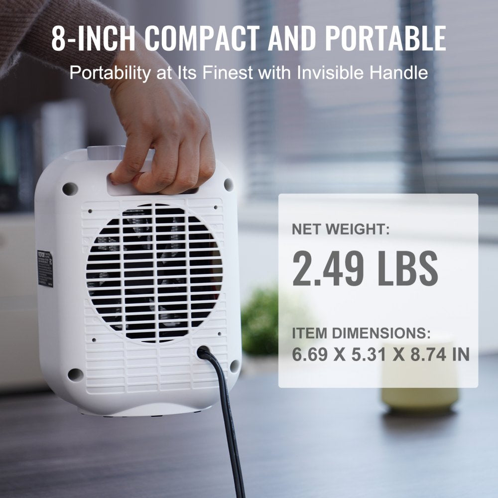 VEVOR Portable Electric Space Heater with Thermostat, 1000W/1500W 2-Level Adjustable Quiet Ceramic Heater Fan, 9 in Tip-Over Shutdown Flame-Retardant PP Small Heaters for Office Room Desk Indoor Use 