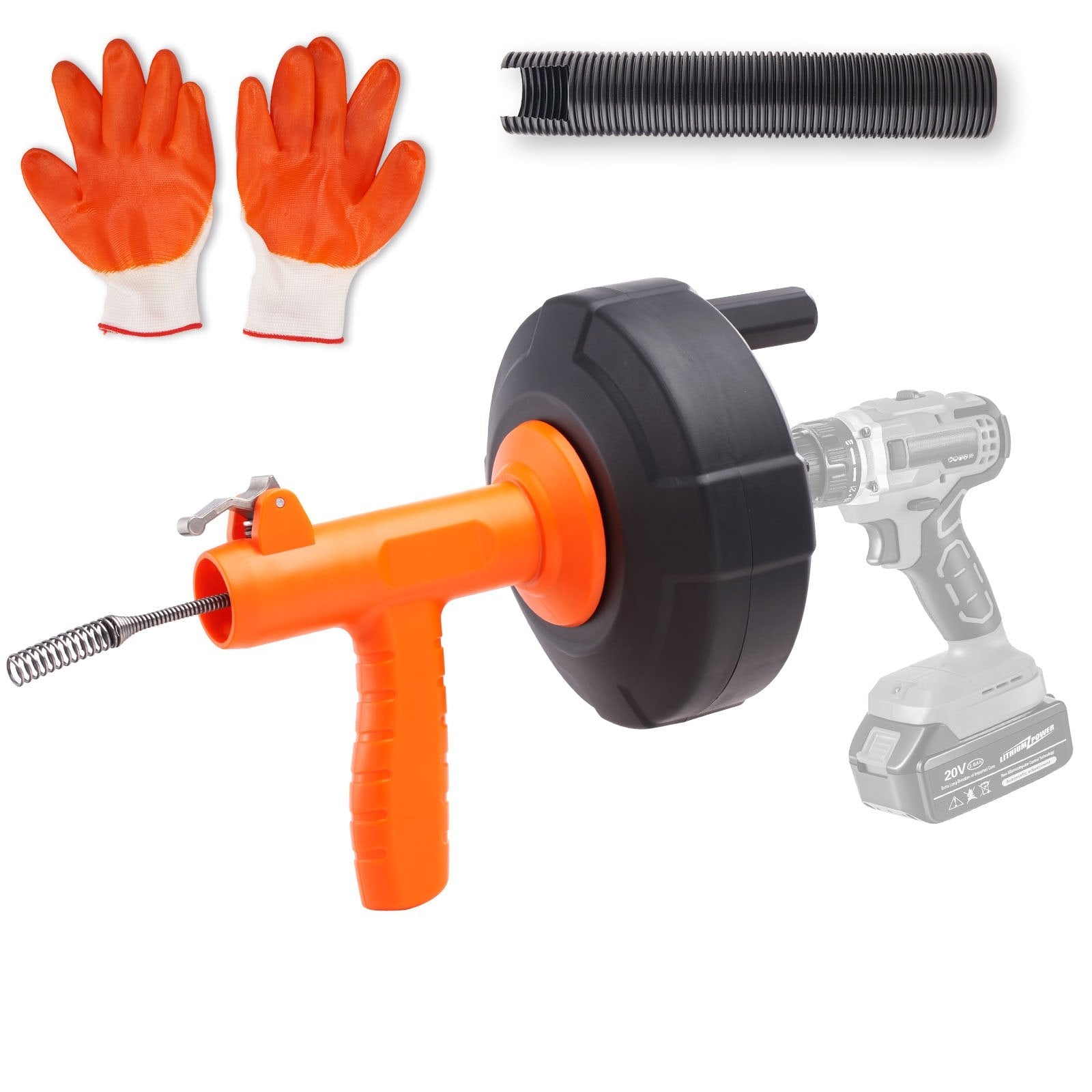 VEVOR Drain Auger, 25ft 1/4in Heavy Duty Flexible Drum Plumbing Drain Snake with Drill Adapter, Use Manually/Powered Steel Cable Clog Remover, Kitchen Bathrom Shower Sink with Gloves Autofeed Control 