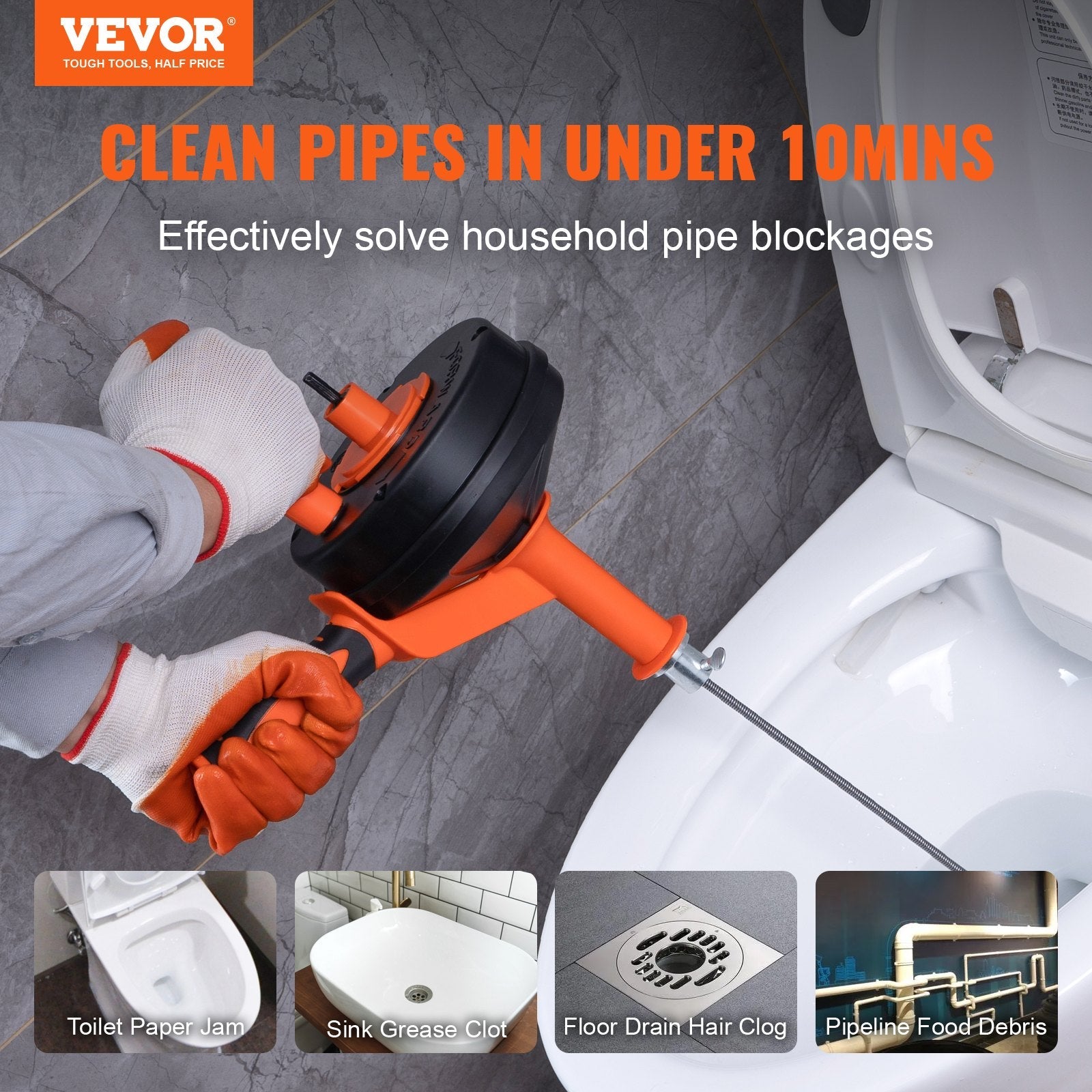 VEVOR Drain Auger, 25ft 1/4in Heavy Duty Flexible Drum Plumbing Drain Snake with Drill Adapter, Use Manually/Powered Steel Cable Clog Remover, Kitchen Bathrom Shower Sink with Gloves Handfeed Control 