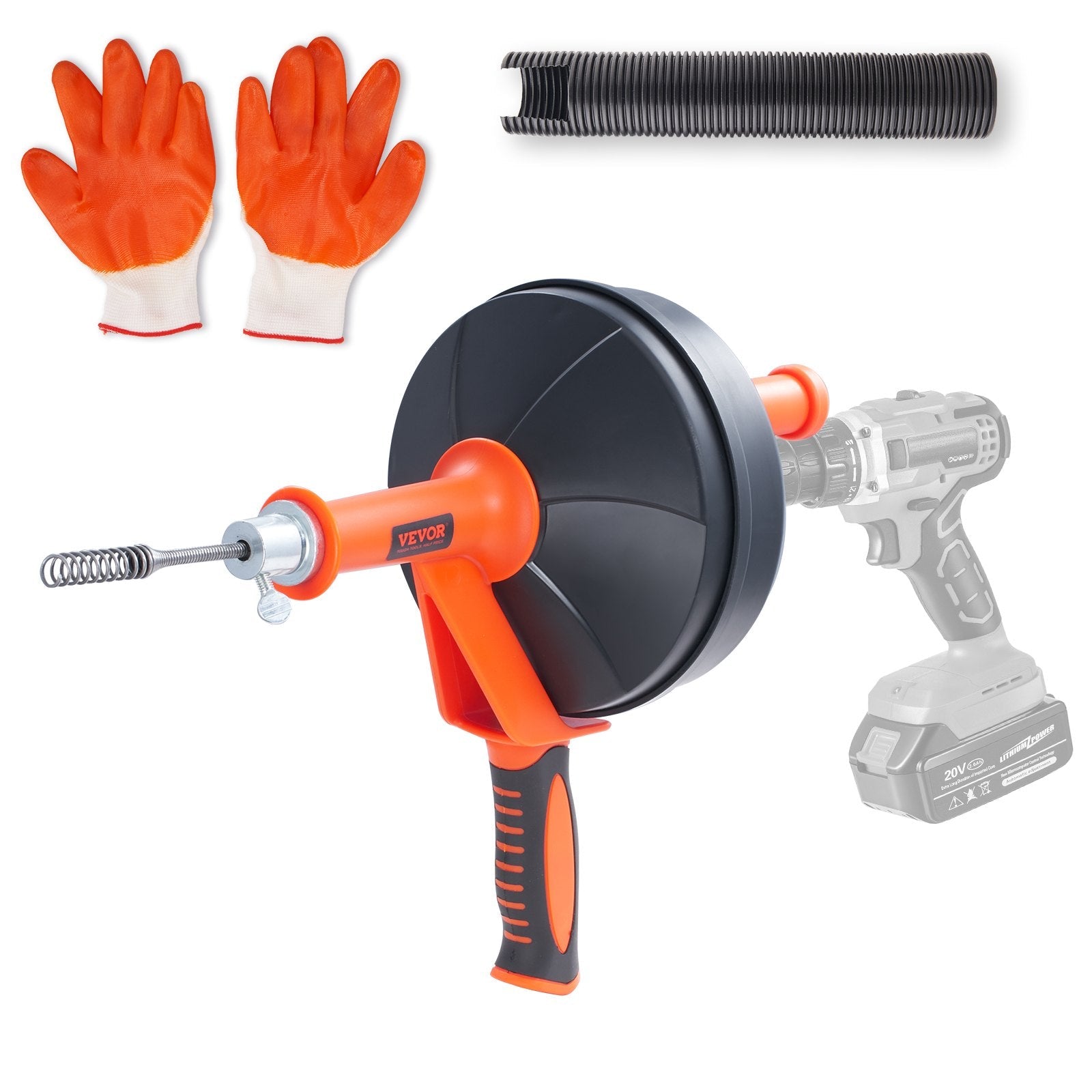 VEVOR Drain Auger, 25ft 1/4in Heavy Duty Flexible Drum Plumbing Drain Snake with Drill Adapter, Use Manually/Powered Steel Cable Clog Remover, Kitchen Bathrom Shower Sink with Gloves Handfeed Control 