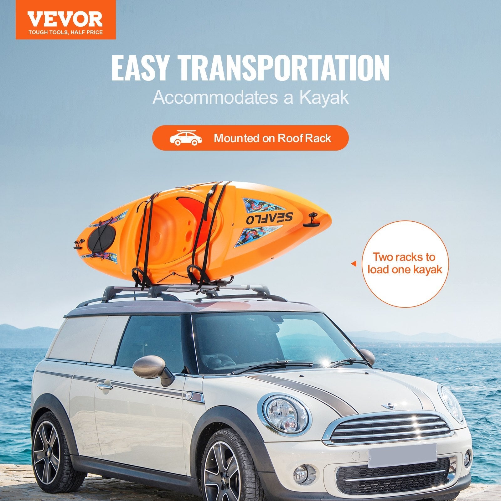 VEVOR Kayak Roof Rack 1 Pair J-Bar, Soft Roof Rack Quick Folding, Top Mount Tie Down, Carrier for kayak, Surf Board, Canoe, SUP, Ski Board, Mount on Car, SUV, Truck, 1 Kayak 