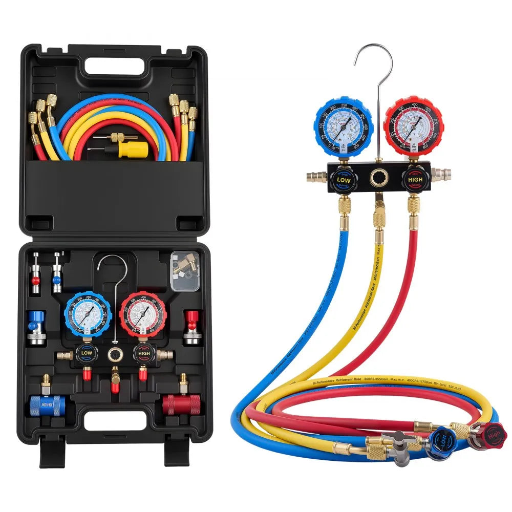 VEVOR AC Manifold Gauge Set for R134a, R404A, R1234yf & R22 – 3-Way Diagnostic Gauge Kit with 5 ft Hoses & Accessories