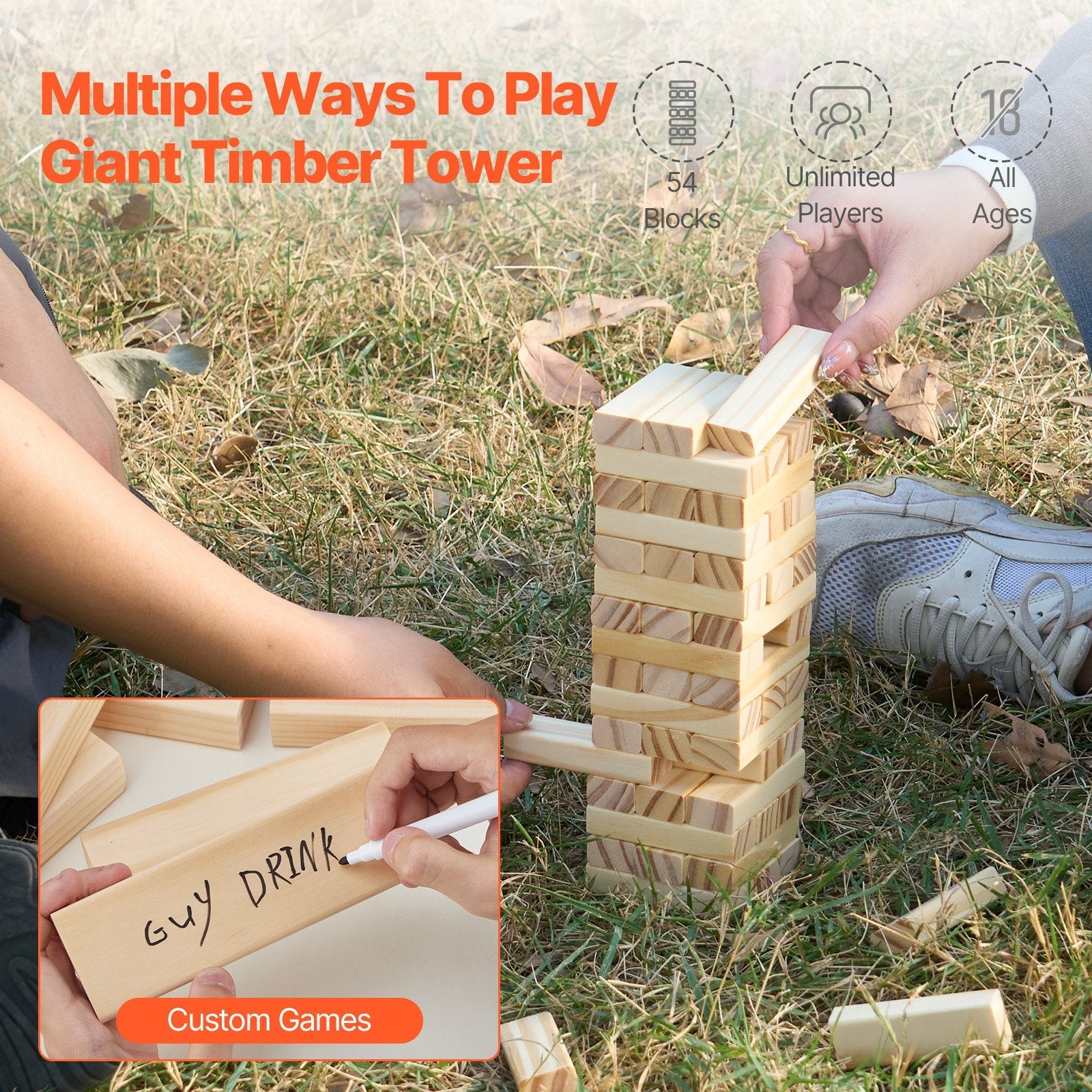 VEVOR Tumbling Timber Toy 54 Blocks Tumble Tower Blocks Game Pine Wood Crate 
