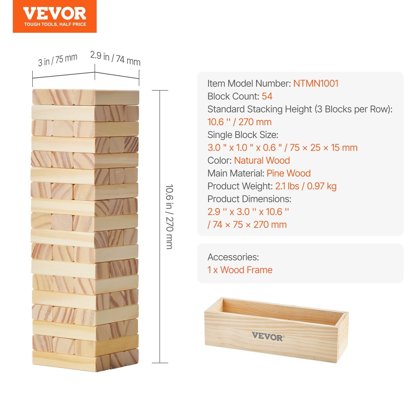 VEVOR Tumbling Timber Toy 54 Blocks Tumble Tower Blocks Game Pine Wood Crate 