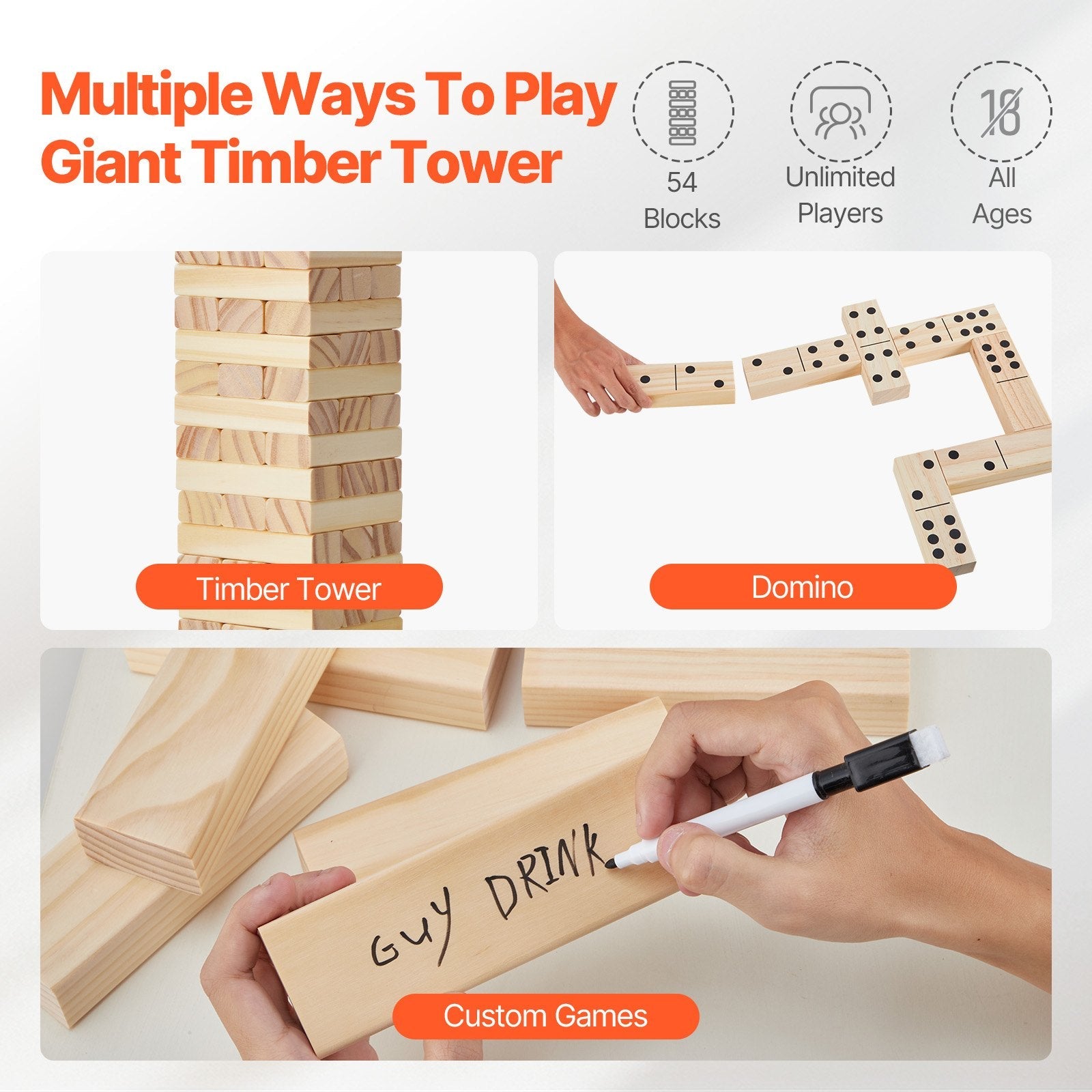 VEVOR Tumbling Timber Toy 54 Blocks Tumble Tower Blocks Pine Wood Crate Multiple 