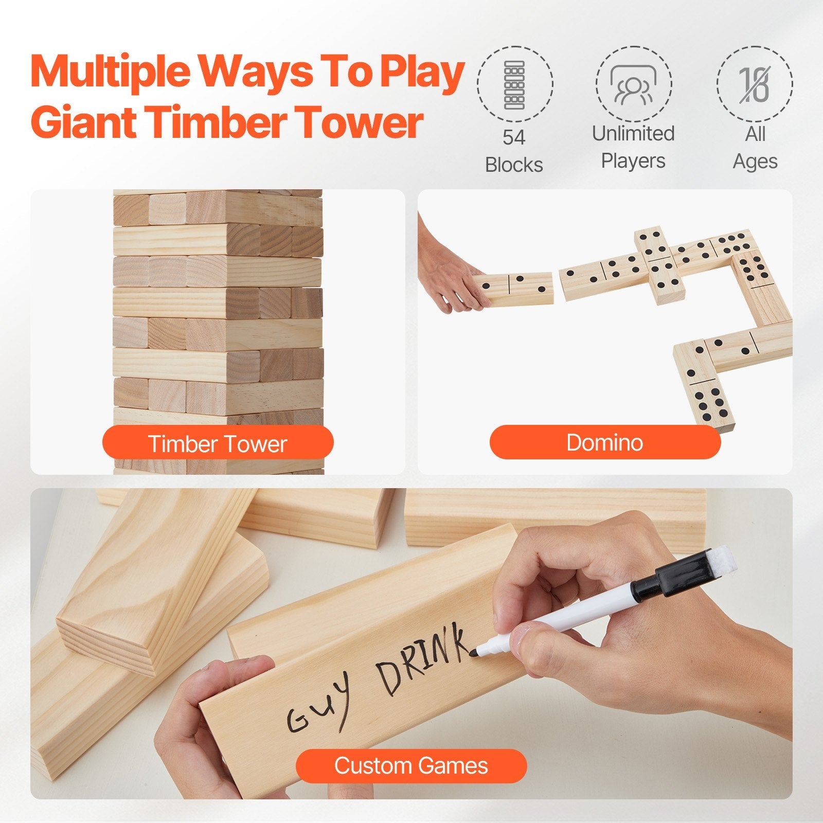 VEVOR Tumbling Timber Toy 54 Blocks Medium Tumble Tower Block Game Pine Wood Bag 