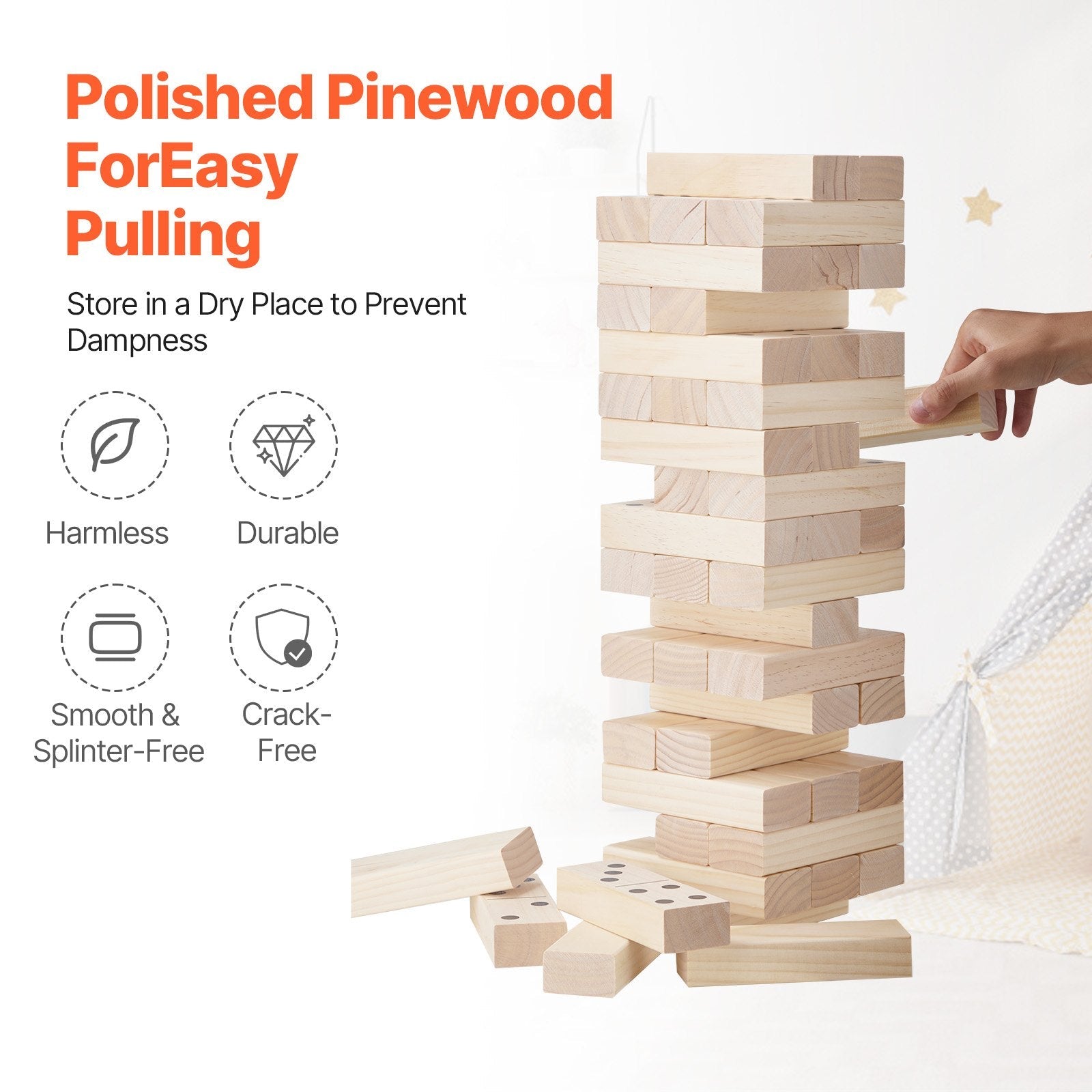 VEVOR Tumbling Timber Toy 54 Blocks Medium Tumble Tower Block Game Pine Wood Bag 
