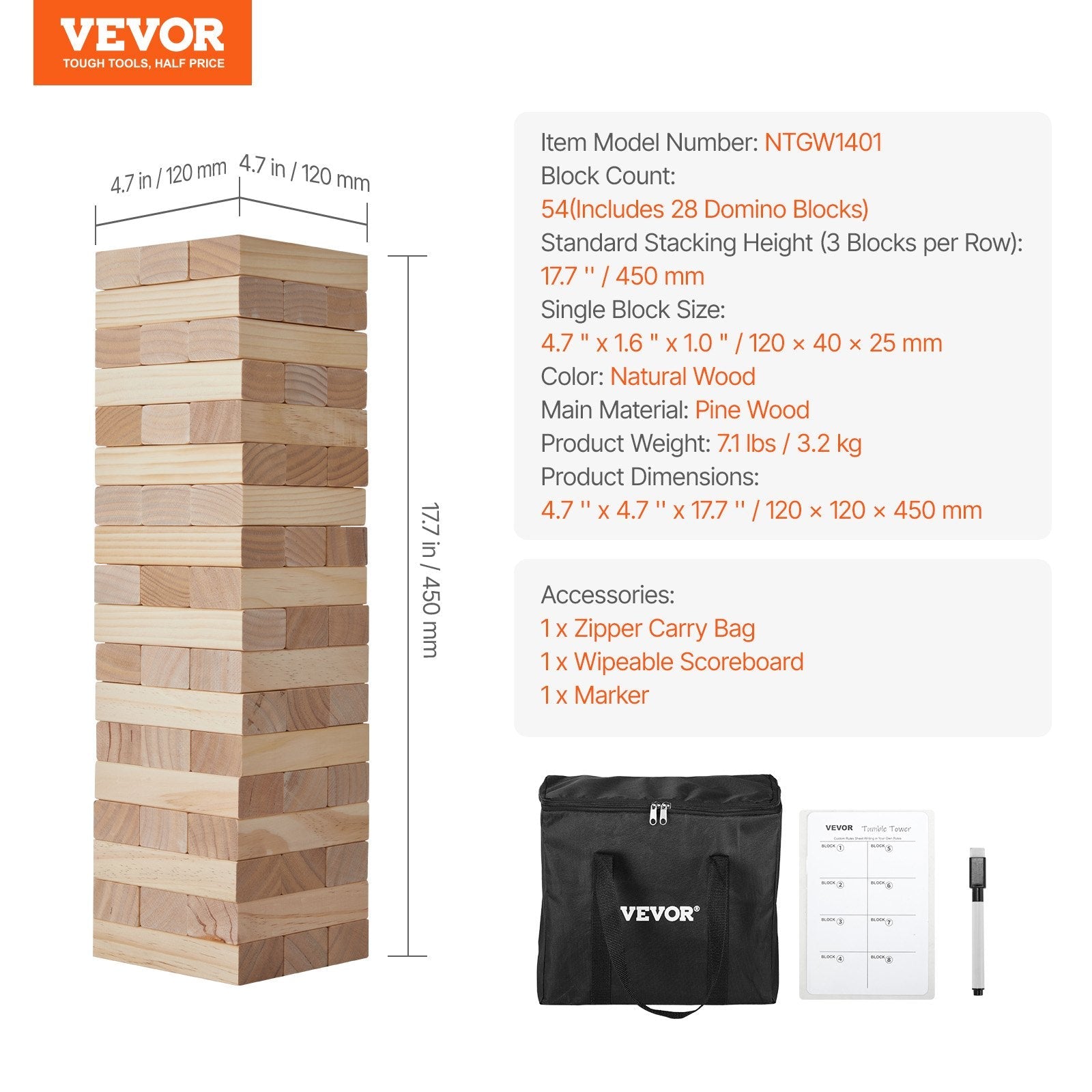 VEVOR Tumbling Timber Toy 54 Blocks Medium Tumble Tower Block Game Pine Wood Bag 