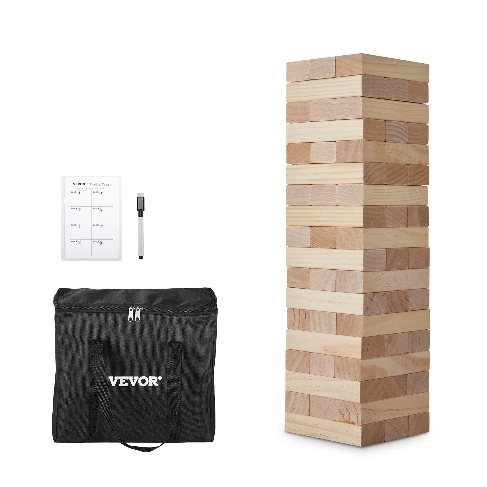 VEVOR Tumbling Timber Toy 54 Blocks Medium Tumble Tower Block Game Pine Wood Bag 