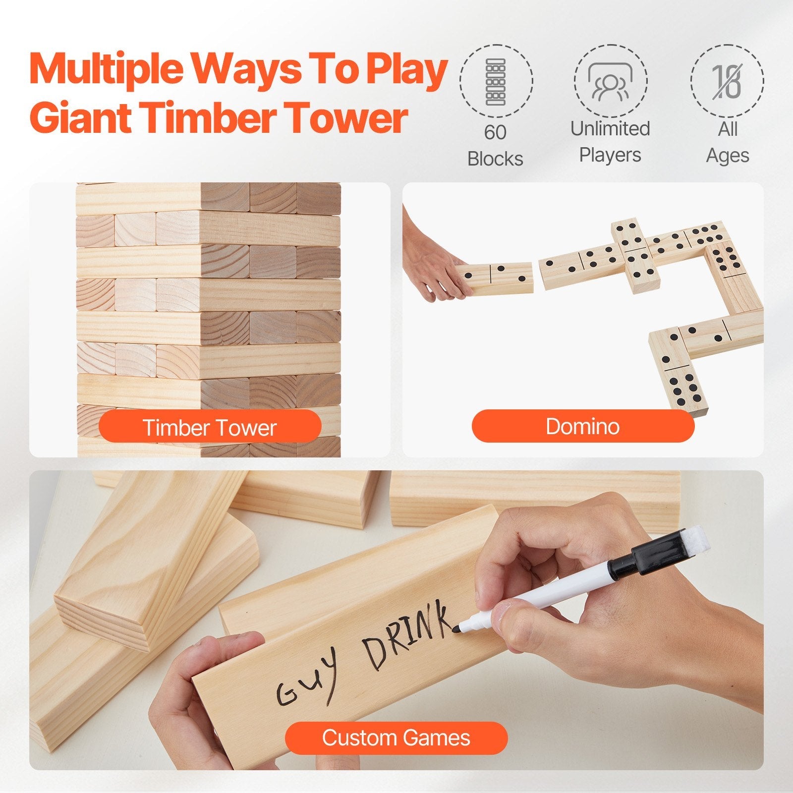VEVOR Tumbling Timber Toy 60 Blocks Giant Tumble Tower Blocks Game Pine Wood Bag 
