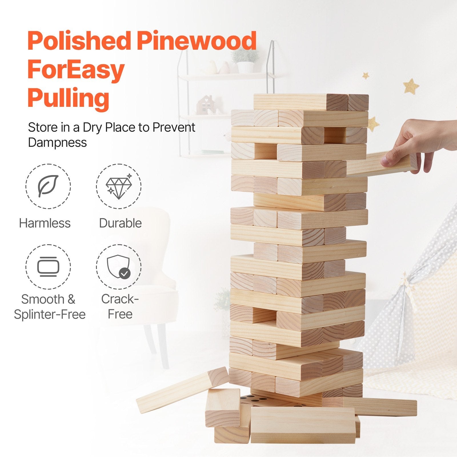 VEVOR Tumbling Timber Toy 60 Blocks Giant Tumble Tower Blocks Game Pine Wood Bag 