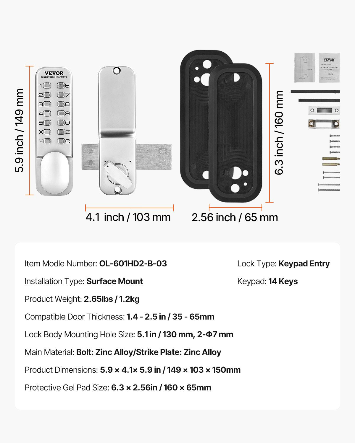 VEVOR Mechanical Keyless Entry Door Lock 14 Key Mechanical Door Lock Single-Side 