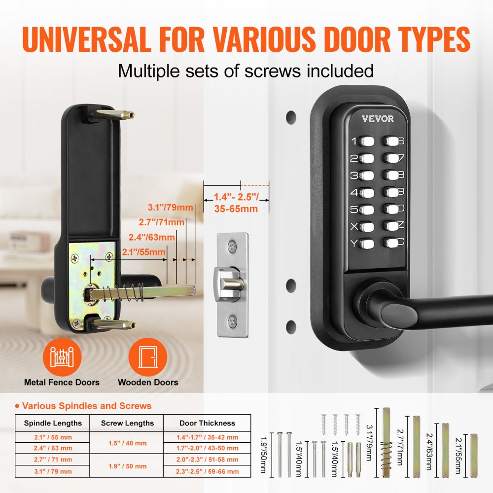 VEVOR Mechanical Keyless Entry Door Lock, 14 Digit Keypad, Water-proof Zinc Alloy, Embedded Outdoor Gate Door Locks Set with Keypad and Handle, Easy to Install, for Garden, Garage, Yard, Storage Shed 