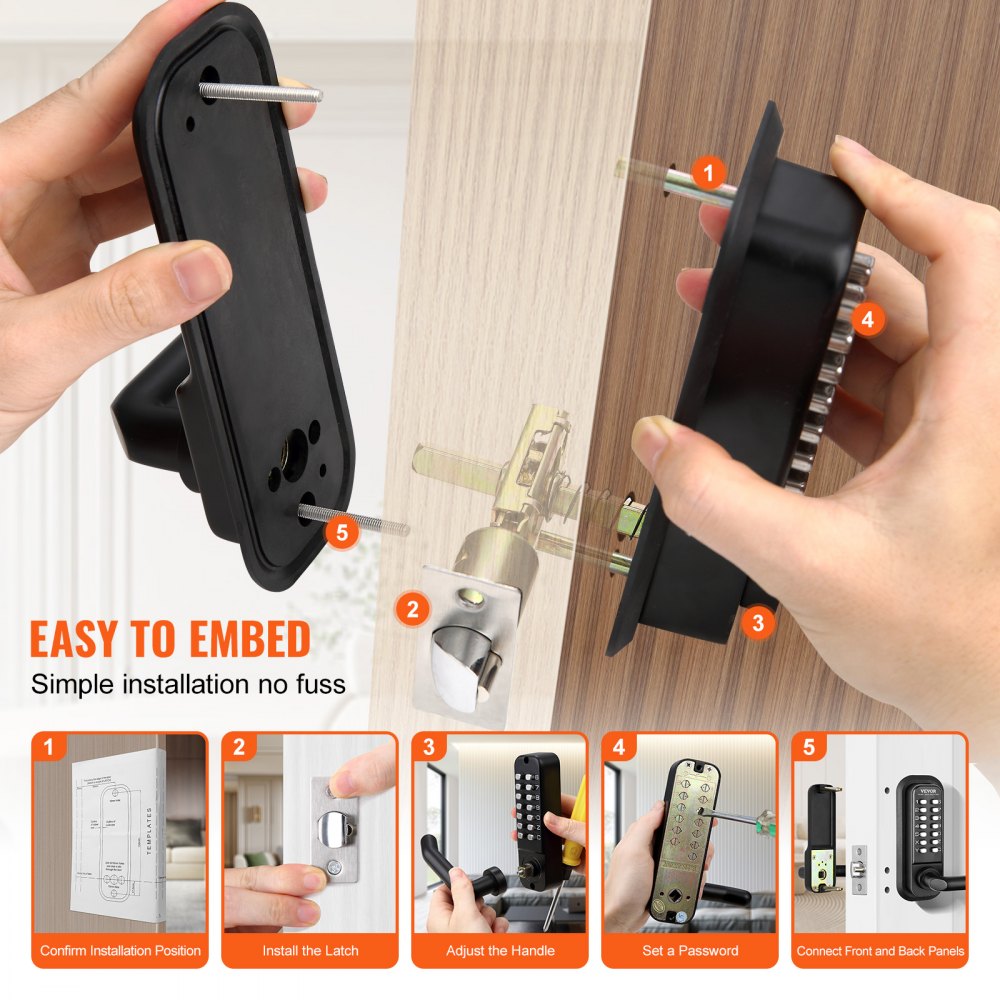 VEVOR Mechanical Keyless Entry Door Lock, 14 Digit Keypad, Water-proof Zinc Alloy, Embedded Outdoor Gate Door Locks Set with Keypad and Handle, Easy to Install, for Garden, Garage, Yard, Storage Shed 