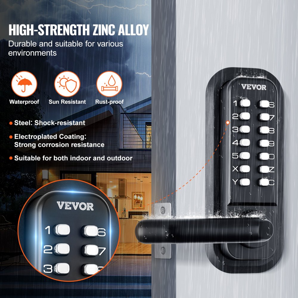 VEVOR Mechanical Keyless Entry Door Lock, 14 Digit Keypad, Water-proof Zinc Alloy, Embedded Outdoor Gate Door Locks Set with Keypad and Handle, Easy to Install, for Garden, Garage, Yard, Storage Shed 