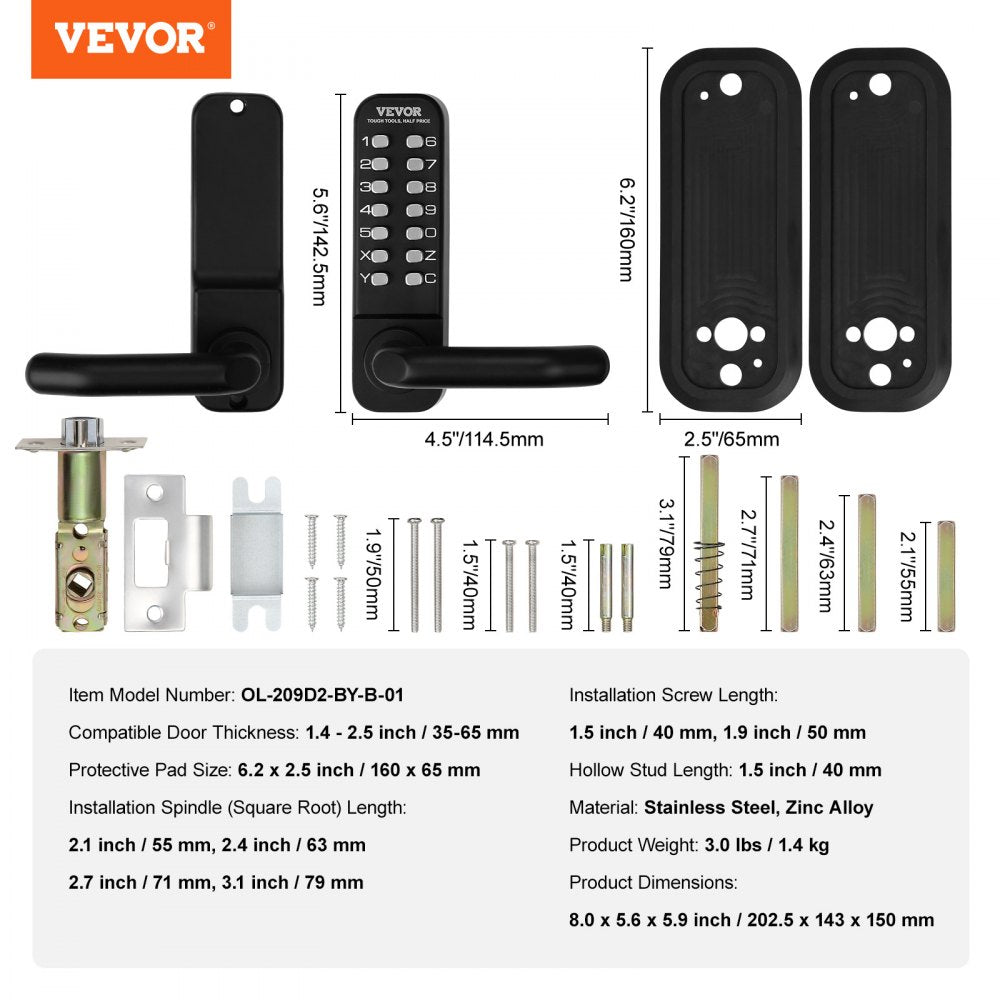 VEVOR Mechanical Keyless Entry Door Lock, 14 Digit Keypad, Water-proof Zinc Alloy, Embedded Outdoor Gate Door Locks Set with Keypad and Handle, Easy to Install, for Garden, Garage, Yard, Storage Shed 