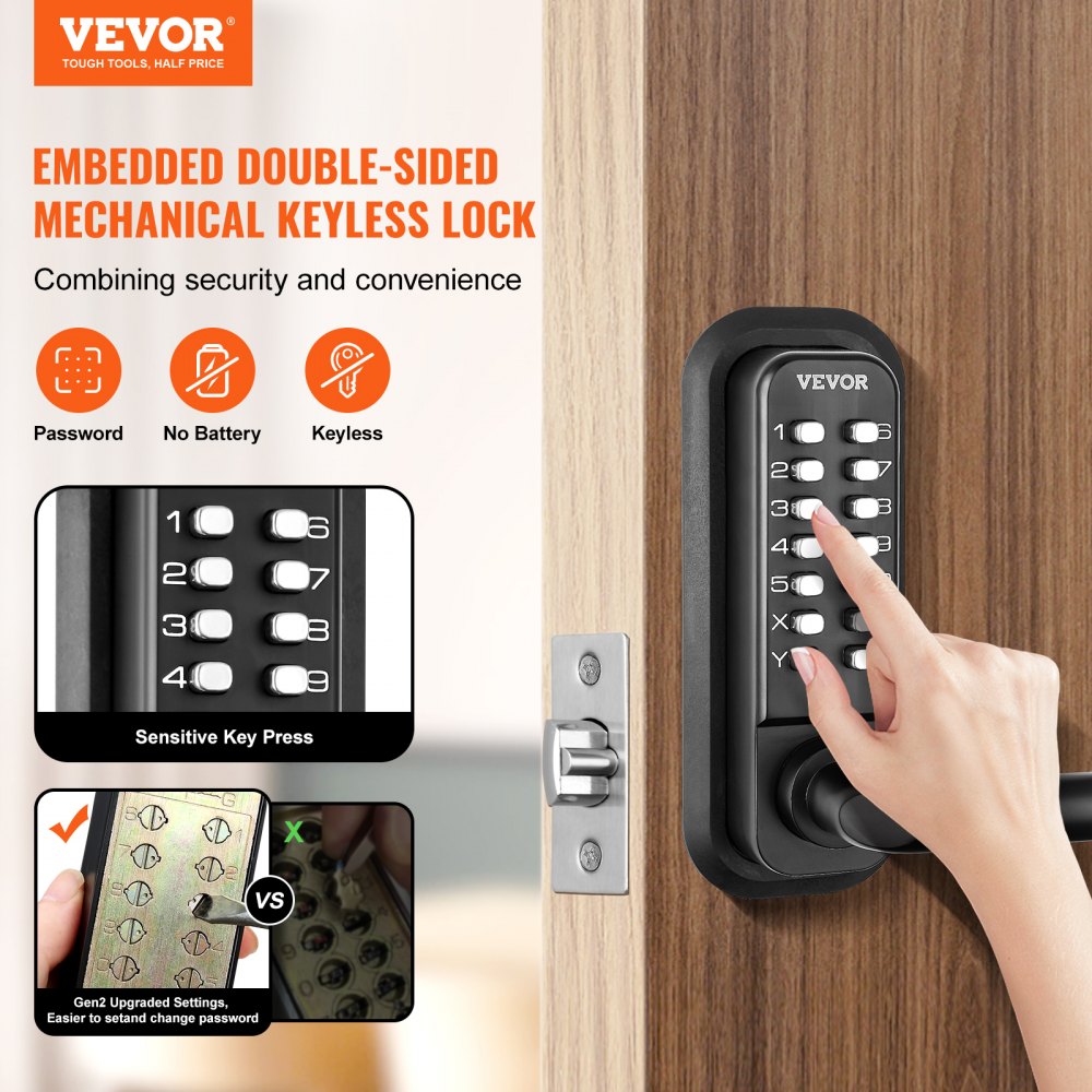 VEVOR Mechanical Keyless Entry Door Lock, 14 Digit Keypad, Water-proof Zinc Alloy, Double-sided Embedded Outdoor Gate Door Locks Set with Keypad and Handle, Easy to Install, for Garden, Garage, Yard 