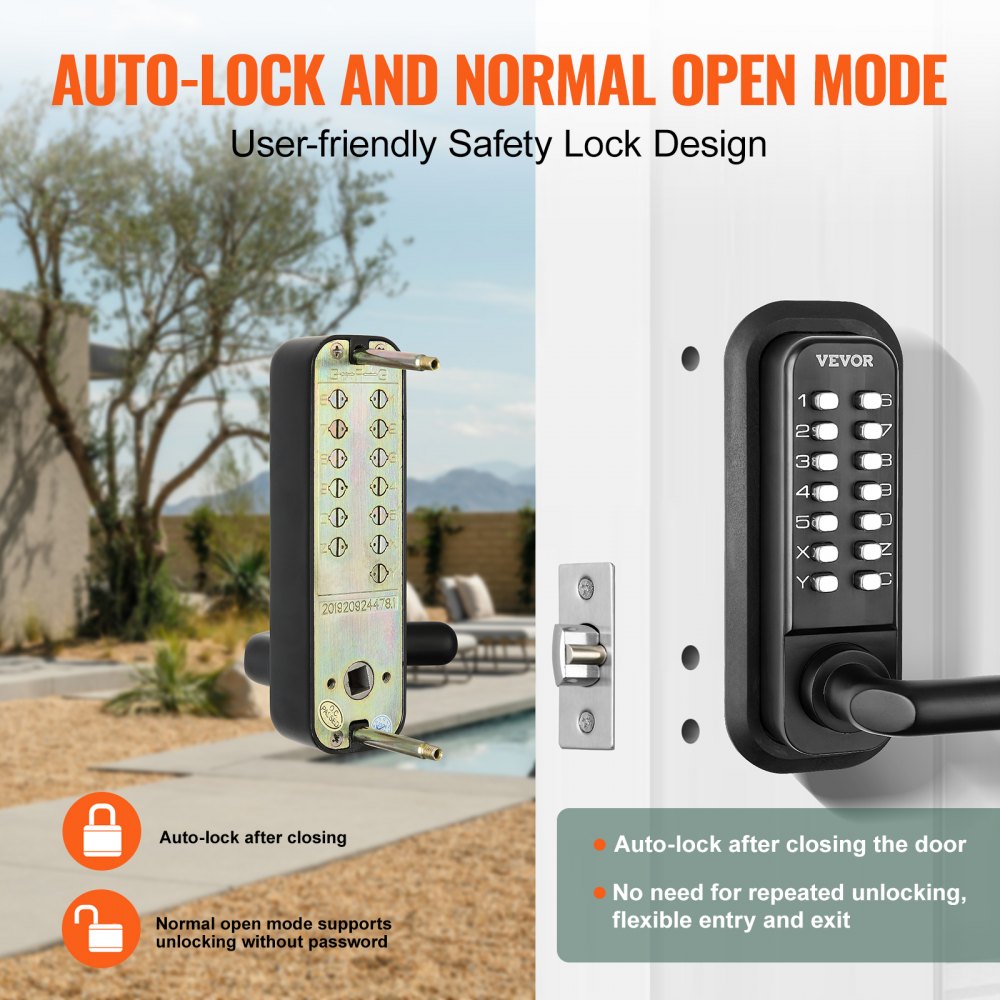 VEVOR Mechanical Keyless Entry Door Lock, 14 Digit Keypad, Water-proof Zinc Alloy, Double-sided Embedded Outdoor Gate Door Locks Set with Keypad and Handle, Easy to Install, for Garden, Garage, Yard 