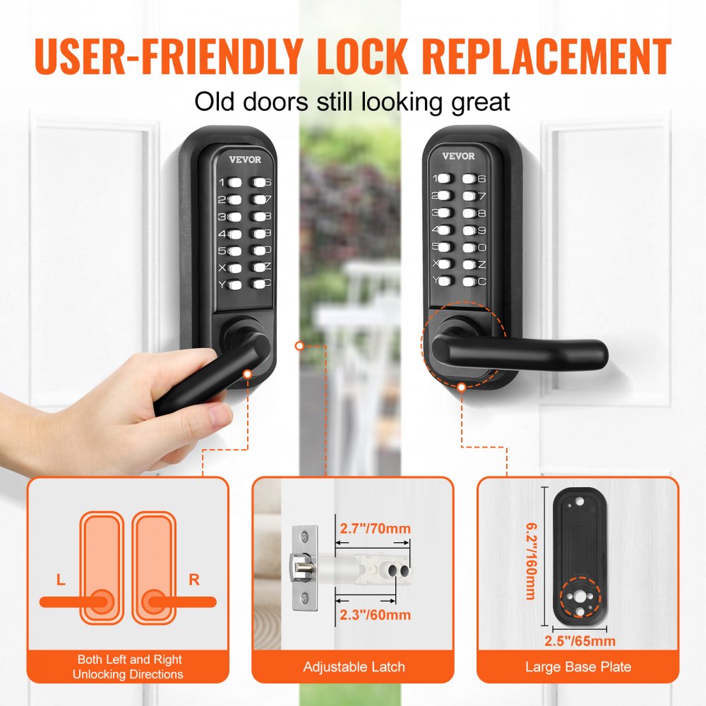 VEVOR Mechanical Keyless Entry Door Lock, 14 Digit Keypad, Water-proof Zinc Alloy, Double-sided Embedded Outdoor Gate Door Locks Set with Keypad and Handle, Easy to Install, for Garden, Garage, Yard 