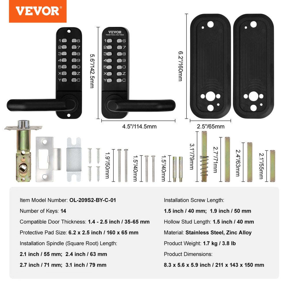 VEVOR Mechanical Keyless Entry Door Lock, 14 Digit Keypad, Water-proof Zinc Alloy, Double-sided Embedded Outdoor Gate Door Locks Set with Keypad and Handle, Easy to Install, for Garden, Garage, Yard 
