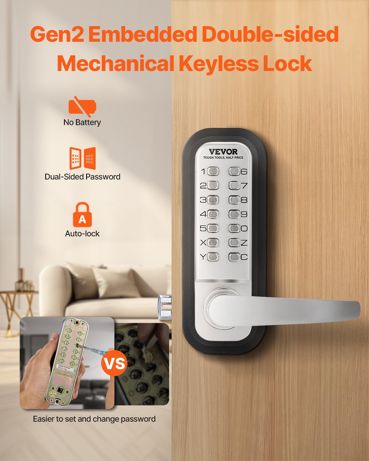 VEVOR Mechanical Keyless Entry Door Lock 14 Key Mechanical Keypad Lock Sliver 