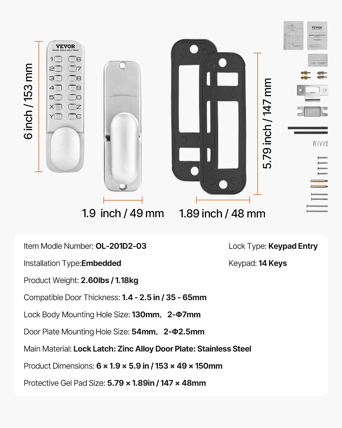 VEVOR Mechanical Keyless Entry Door Lock 14 Key Mechanical Keypad Door Knob Home 