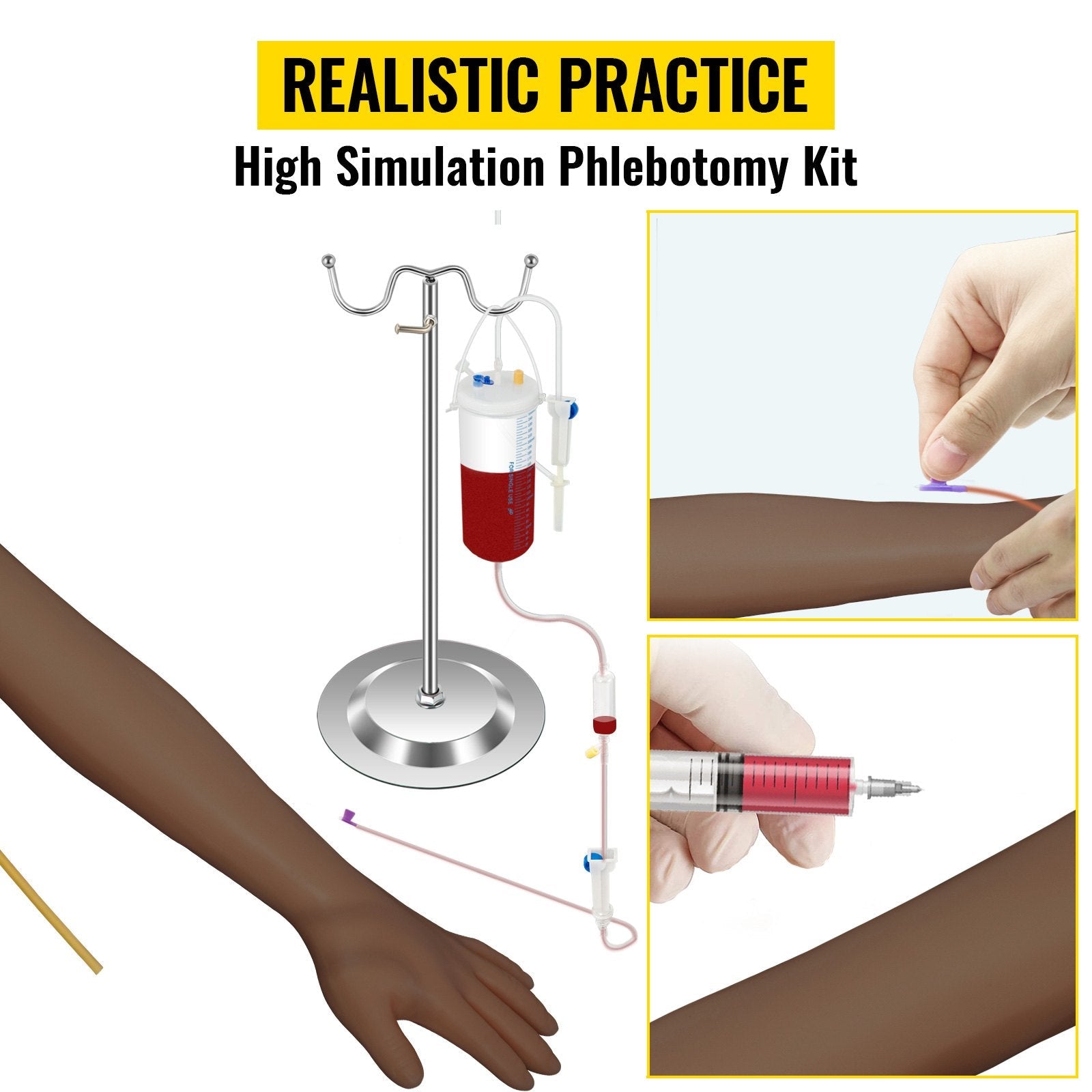 VEVOR Intravenous Practice Arm Kit with Dark Skin Phlebotomy Arm Made of PVC Material Practice Arm for Phlebotomy with Height Adjustable Infusion Stand IV Practice Arm Kit for Venipuncture Practice 