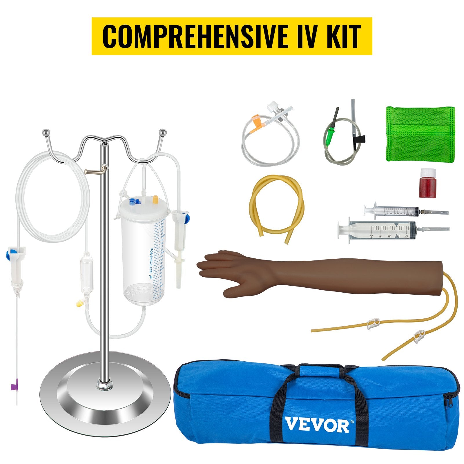 VEVOR Intravenous Practice Arm Kit with Dark Skin Phlebotomy Arm Made of PVC Material Practice Arm for Phlebotomy with Height Adjustable Infusion Stand IV Practice Arm Kit for Venipuncture Practice 
