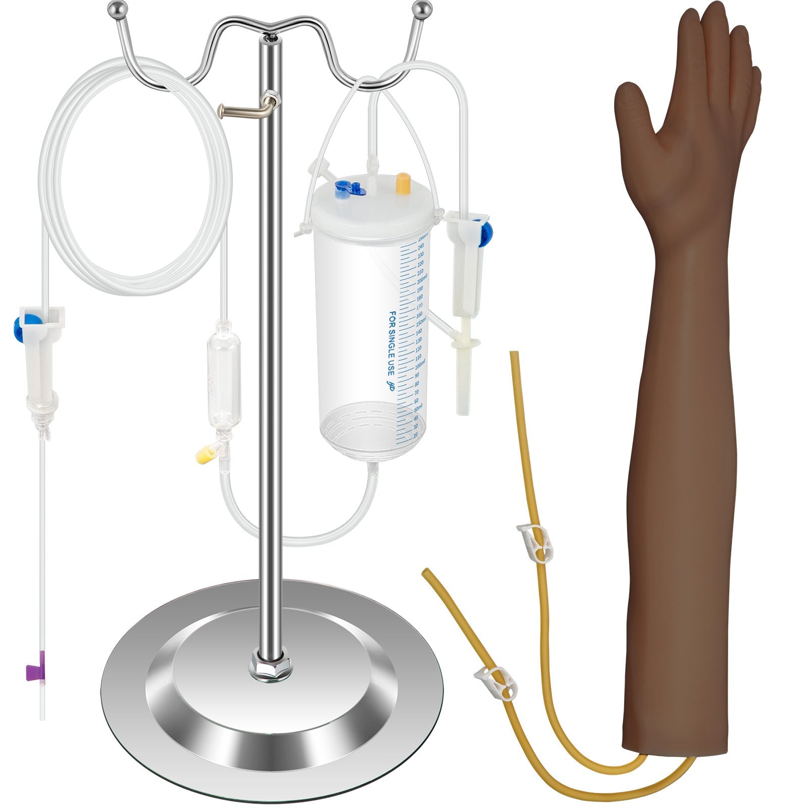 VEVOR Intravenous Practice Arm Kit with Dark Skin Phlebotomy Arm Made of PVC Material Practice Arm for Phlebotomy with Height Adjustable Infusion Stand IV Practice Arm Kit for Venipuncture Practice 