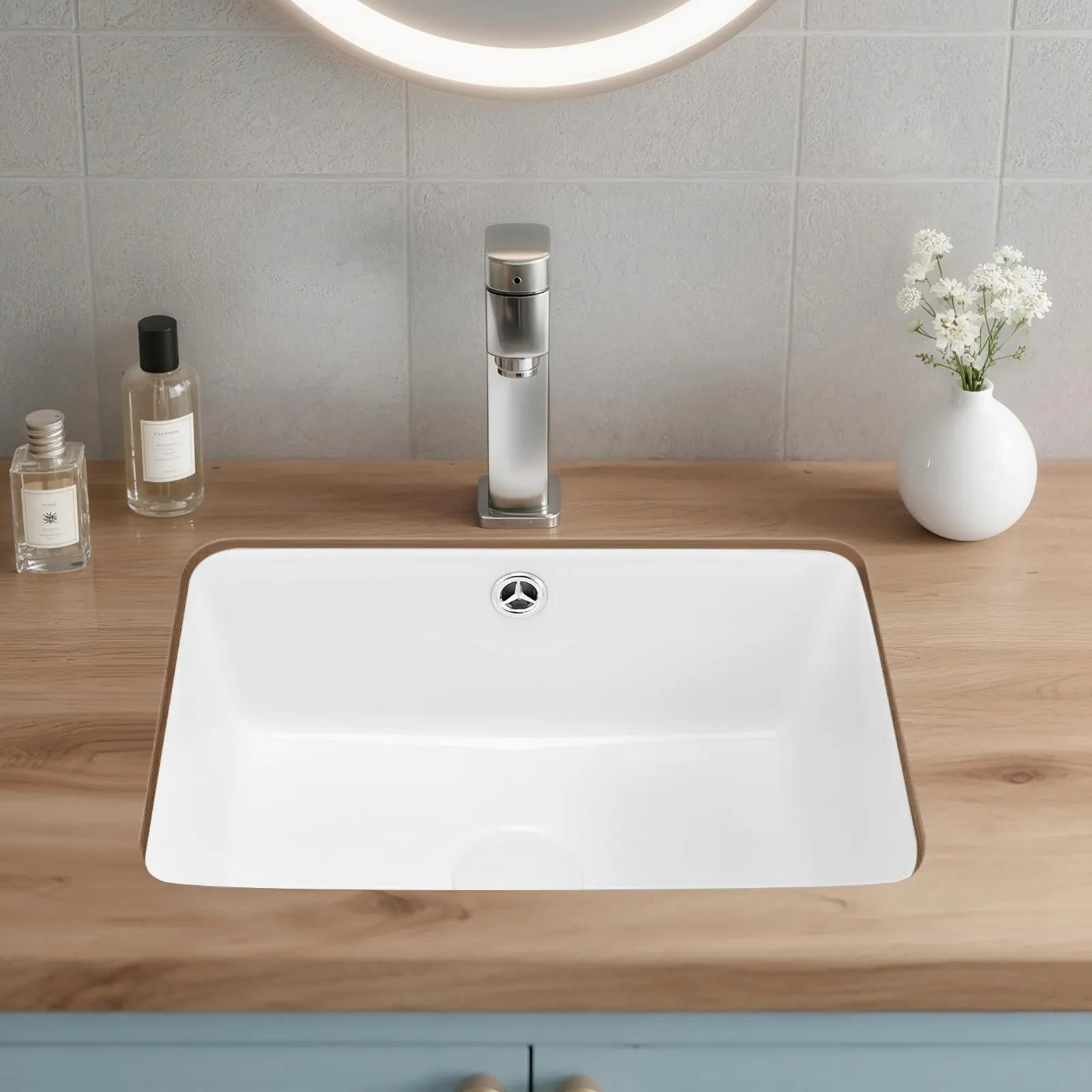 Undermount Rectangular Bathroom Sink, White Ceramic Vanity Basin with Overflow, 15.75" x 12.01"
