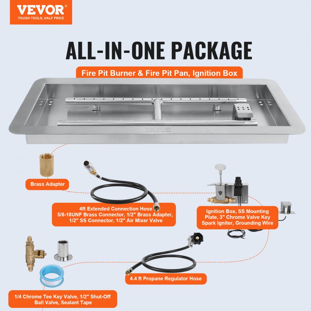 VEVOR 24 x 8 inch Drop-in Fire Pit Pan, Rectangular Stainless Steel Fire Pit Burner Kit, Natural & Propane Gas Fire Pan 120,000 BTU with H-Burner for Indoor or Outdoor Use 