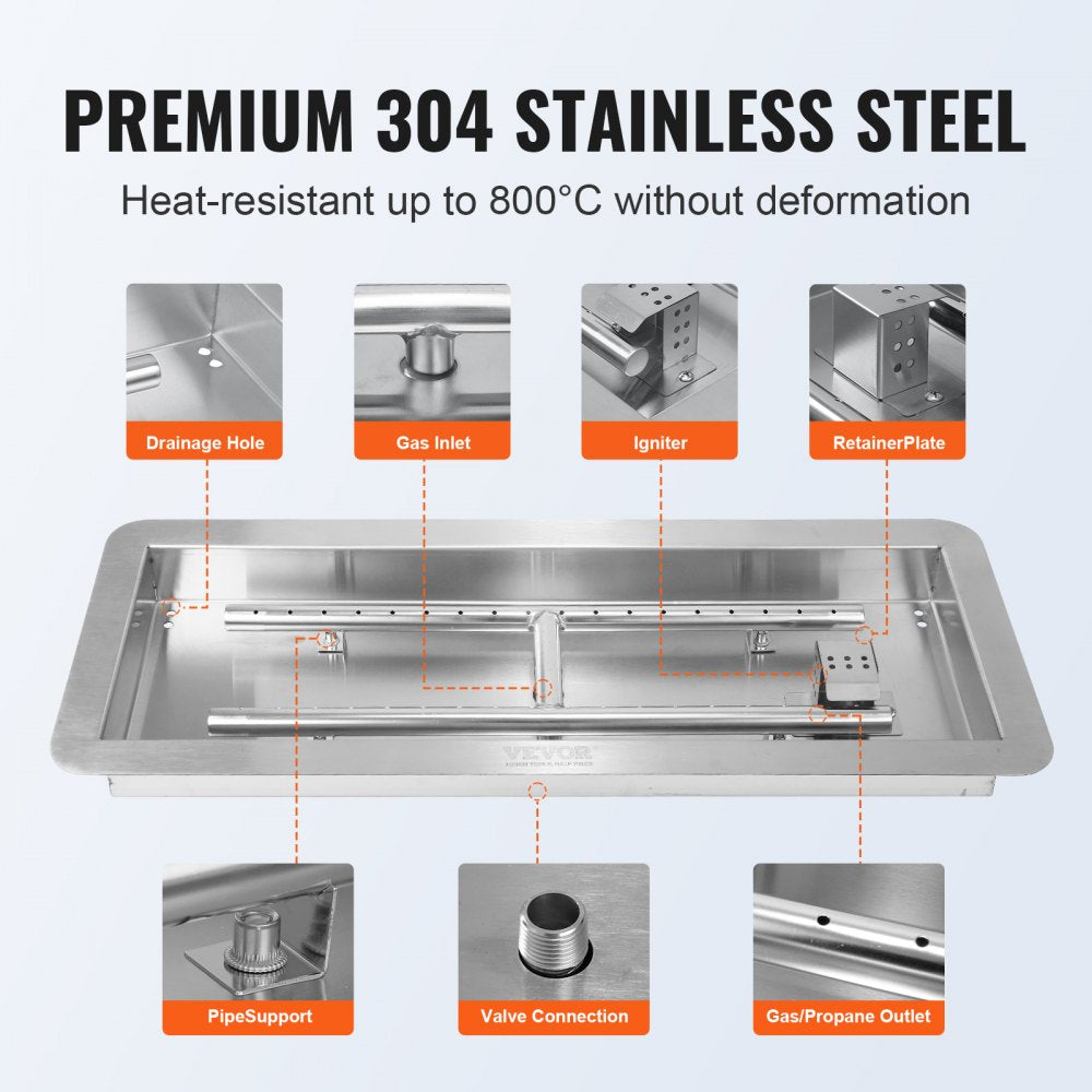 VEVOR 24 x 8 inch Drop-in Fire Pit Pan, Rectangular Stainless Steel Fire Pit Burner Kit, Natural & Propane Gas Fire Pan 120,000 BTU with H-Burner for Indoor or Outdoor Use 
