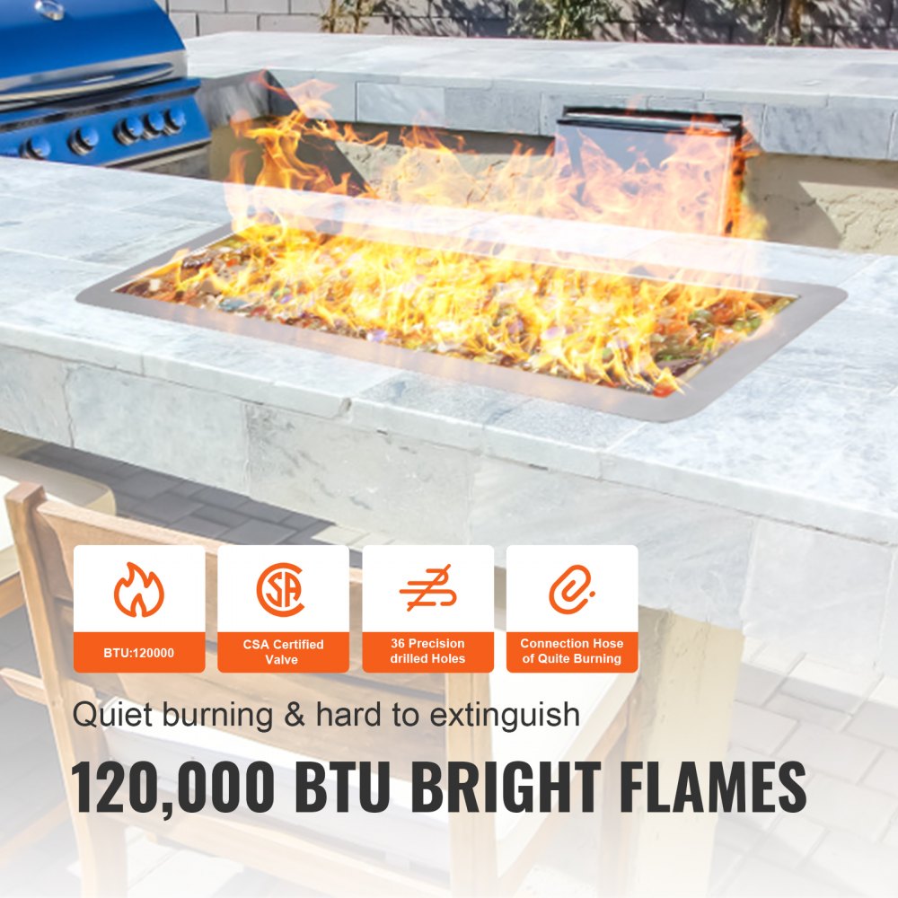VEVOR 24 x 8 inch Drop-in Fire Pit Pan, Rectangular Stainless Steel Fire Pit Burner Kit, Natural & Propane Gas Fire Pan 120,000 BTU with H-Burner for Indoor or Outdoor Use 
