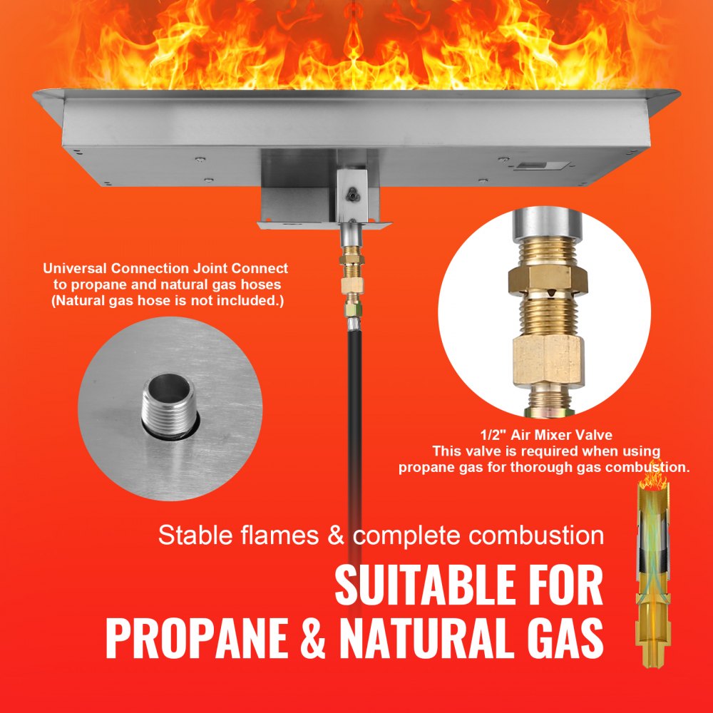 VEVOR 24 x 8 inch Drop-in Fire Pit Pan, Rectangular Stainless Steel Fire Pit Burner Kit, Natural & Propane Gas Fire Pan 120,000 BTU with H-Burner for Indoor or Outdoor Use 