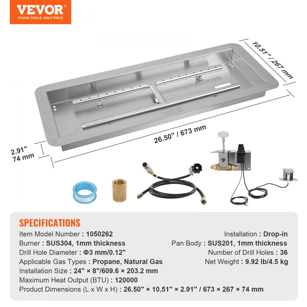 VEVOR 24 x 8 inch Drop-in Fire Pit Pan, Rectangular Stainless Steel Fire Pit Burner Kit, Natural & Propane Gas Fire Pan 120,000 BTU with H-Burner for Indoor or Outdoor Use 