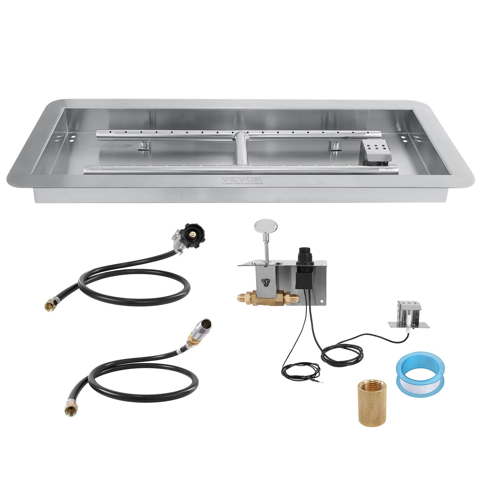 VEVOR 36 x 12 inch Drop-in Fire Pit Pan, Rectangular Stainless Steel Fire Pit Burner Kit, Natural & Propane Gas Fire Pan 150,000 BTU with H-Burner for Indoor or Outdoor Use 