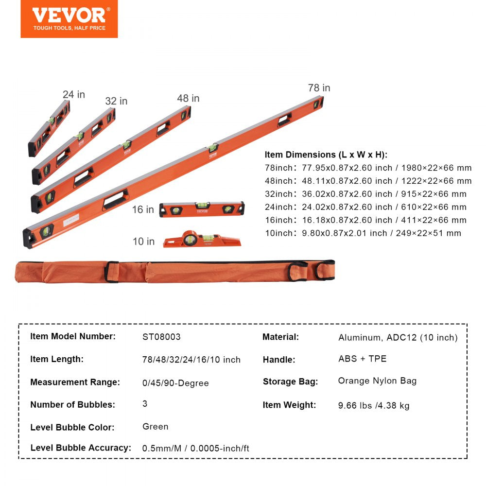 VEVOR Magnetic Torpedo Level, 78/48/32/24/16/10 in Mechanical Level Set, Bubble Vials Ruler for 45/90/180 Degree, Aluminum Alloy Leveler Tool w/ Viewing Window, Shock-Resistant for Plumbing, Wood 