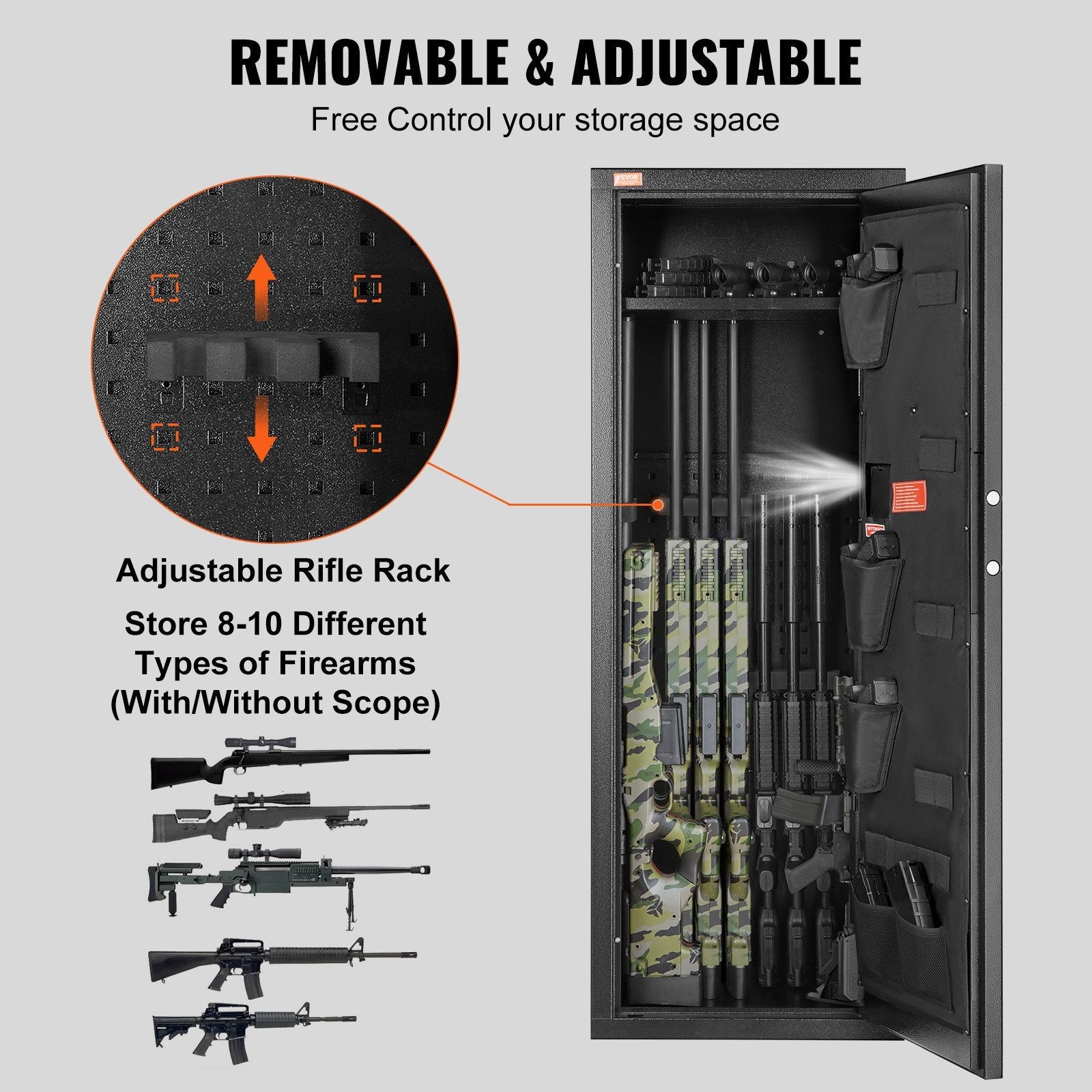 VEVOR 8-10 Rifles Gun Safe, Rifle Safe with Lock & Digital Keypad, Quick Access Tall Gun Storage Cabinet with Removable Shelf, Rifle Cabinet for Home Rifle and Shotguns 
