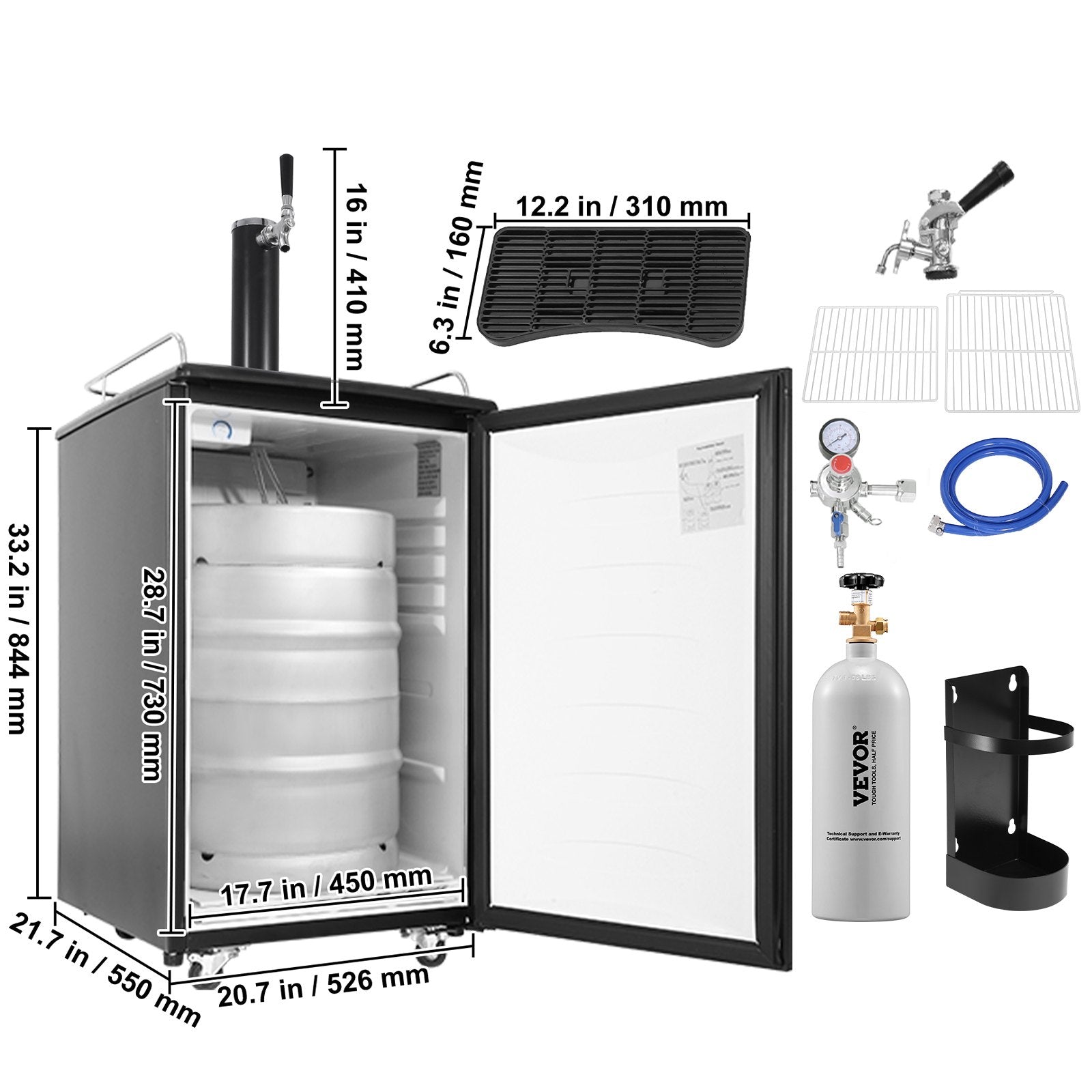 VEVOR Beer Kegerator, Single Tap Draft Beer Dispenser, Full Size Keg Refrigerator With Shelves, CO2 Cylinder, Drip Tray & Rail, 32°F- 50°F Temperature Control, Holds 1/6, 1/4, 1/2 Barrels, Black 