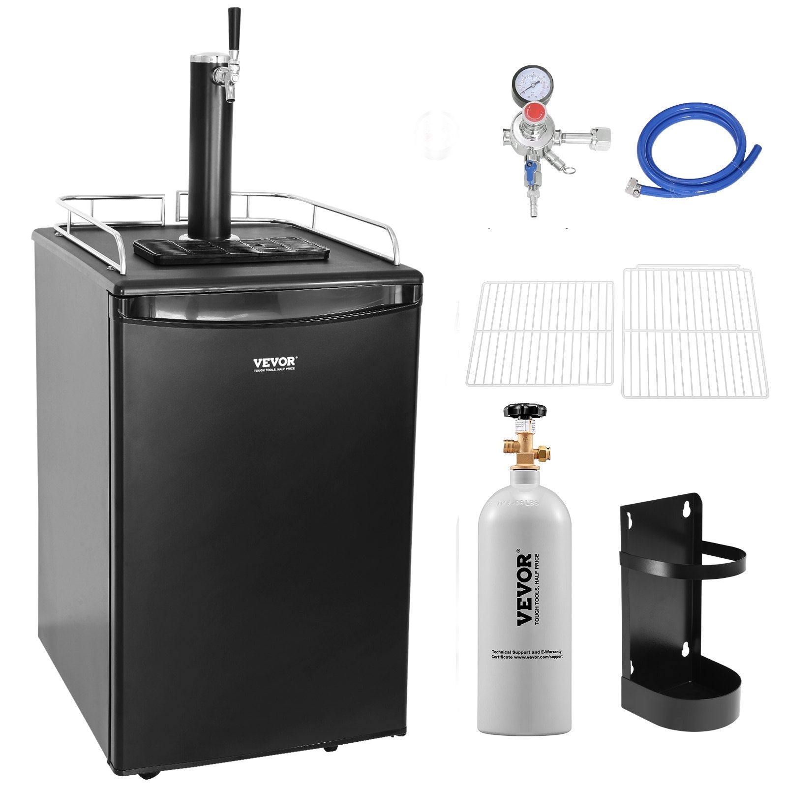 VEVOR Beer Kegerator, Single Tap Draft Beer Dispenser, Full Size Keg Refrigerator With Shelves, CO2 Cylinder, Drip Tray & Rail, 32°F- 50°F Temperature Control, Holds 1/6, 1/4, 1/2 Barrels, Black 