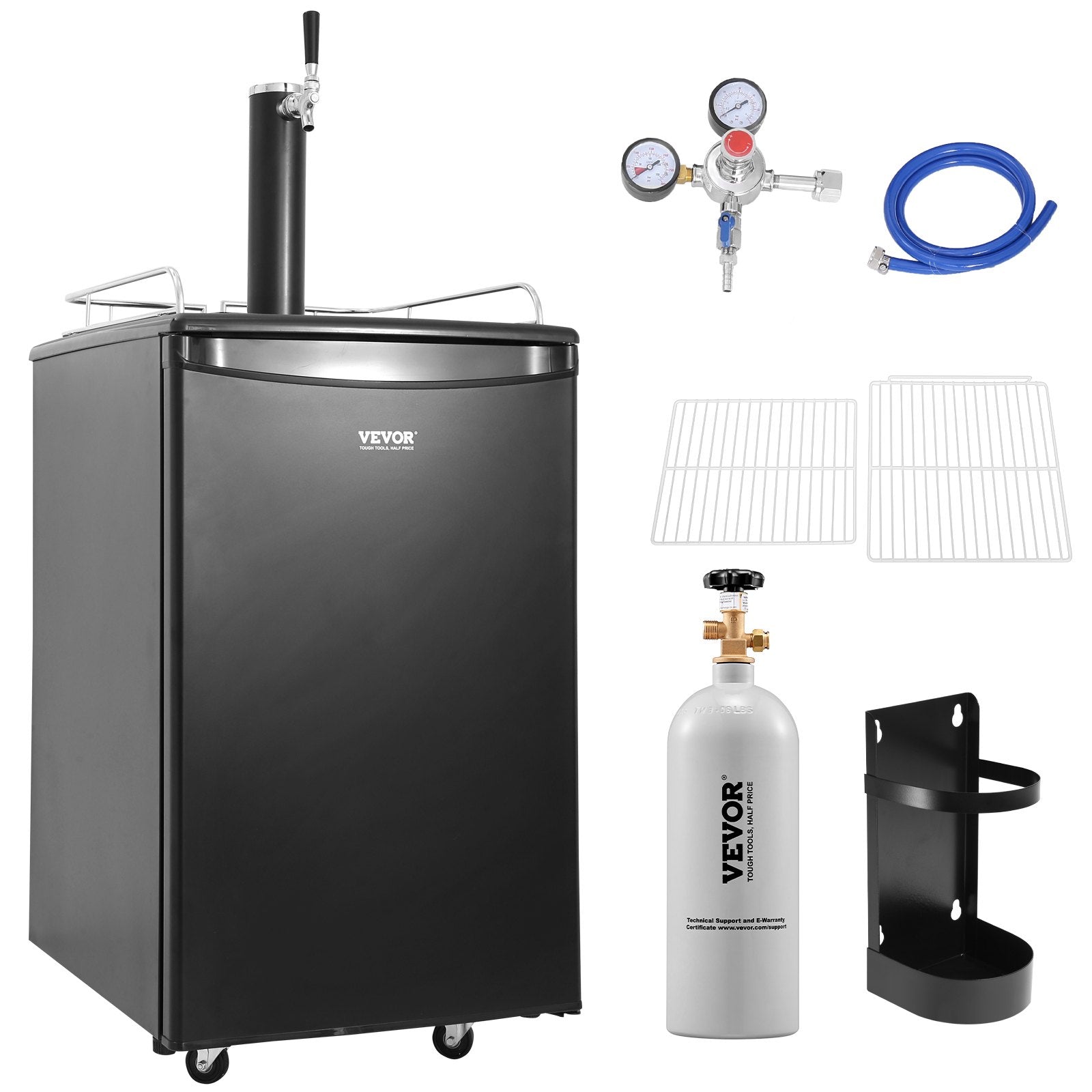 VEVOR Beer Kegerator, Single Tap Draft Beer Dispenser, Full Size Keg Refrigerator With Shelves, CO2 Cylinder, Drip Tray & Rail, 32°F- 50°F Temperature Control, Holds 1/6, 1/4, 1/2 Barrels, Black 
