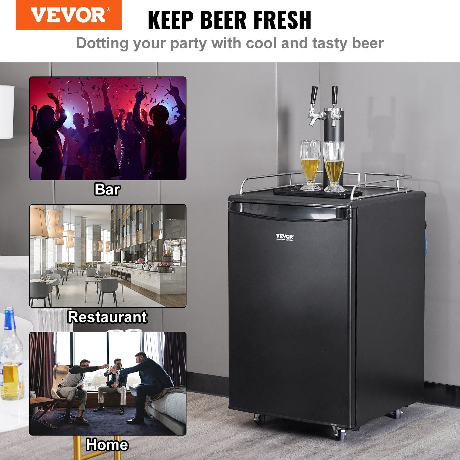 VEVOR Beer Kegerator, Dual Tap Draft Beer Dispenser, Full Size Keg Refrigerator With Shelves, CO2 Cylinder, Drip Tray & Rail, 32°F- 50°F Temperature Control, Holds 1/6, 1/4, 1/2 Barrels, Black 