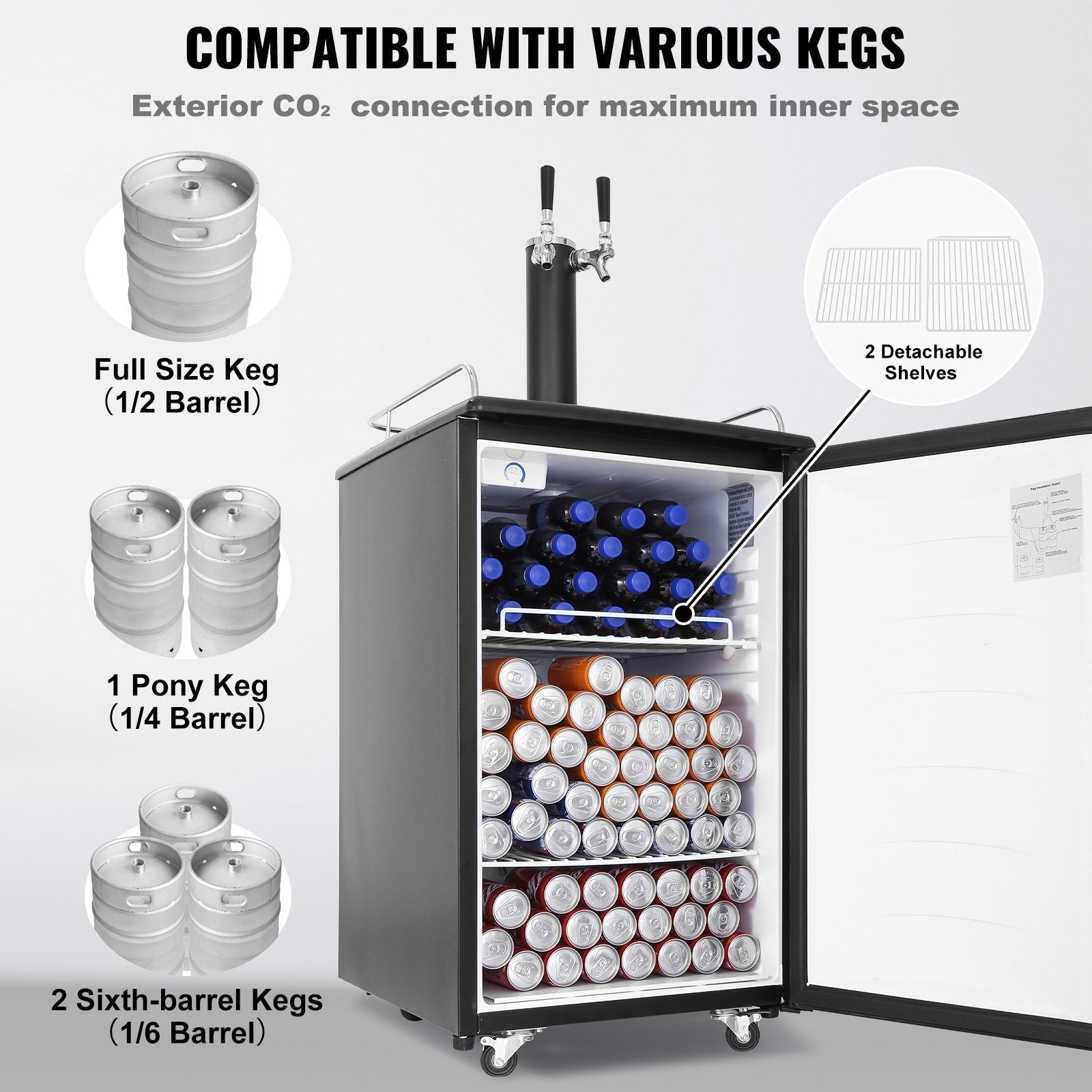 VEVOR Beer Kegerator, Dual Tap Draft Beer Dispenser, Full Size Keg Refrigerator With Shelves, CO2 Cylinder, Drip Tray & Rail, 32°F- 50°F Temperature Control, Holds 1/6, 1/4, 1/2 Barrels, Black 